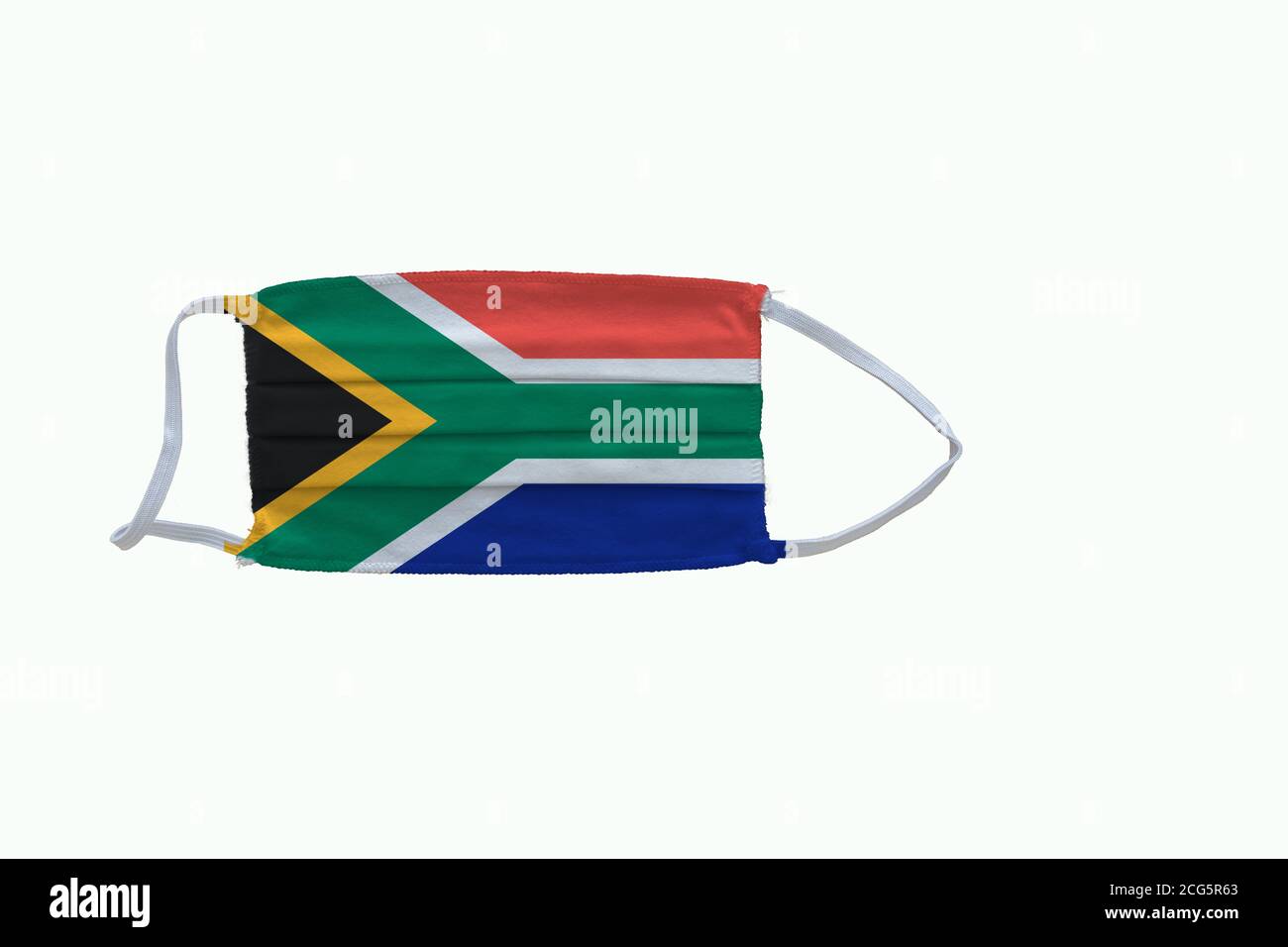 South African  flag design Covid-19 pandemic  virus face mask  on a white background with copy space Stock Photo