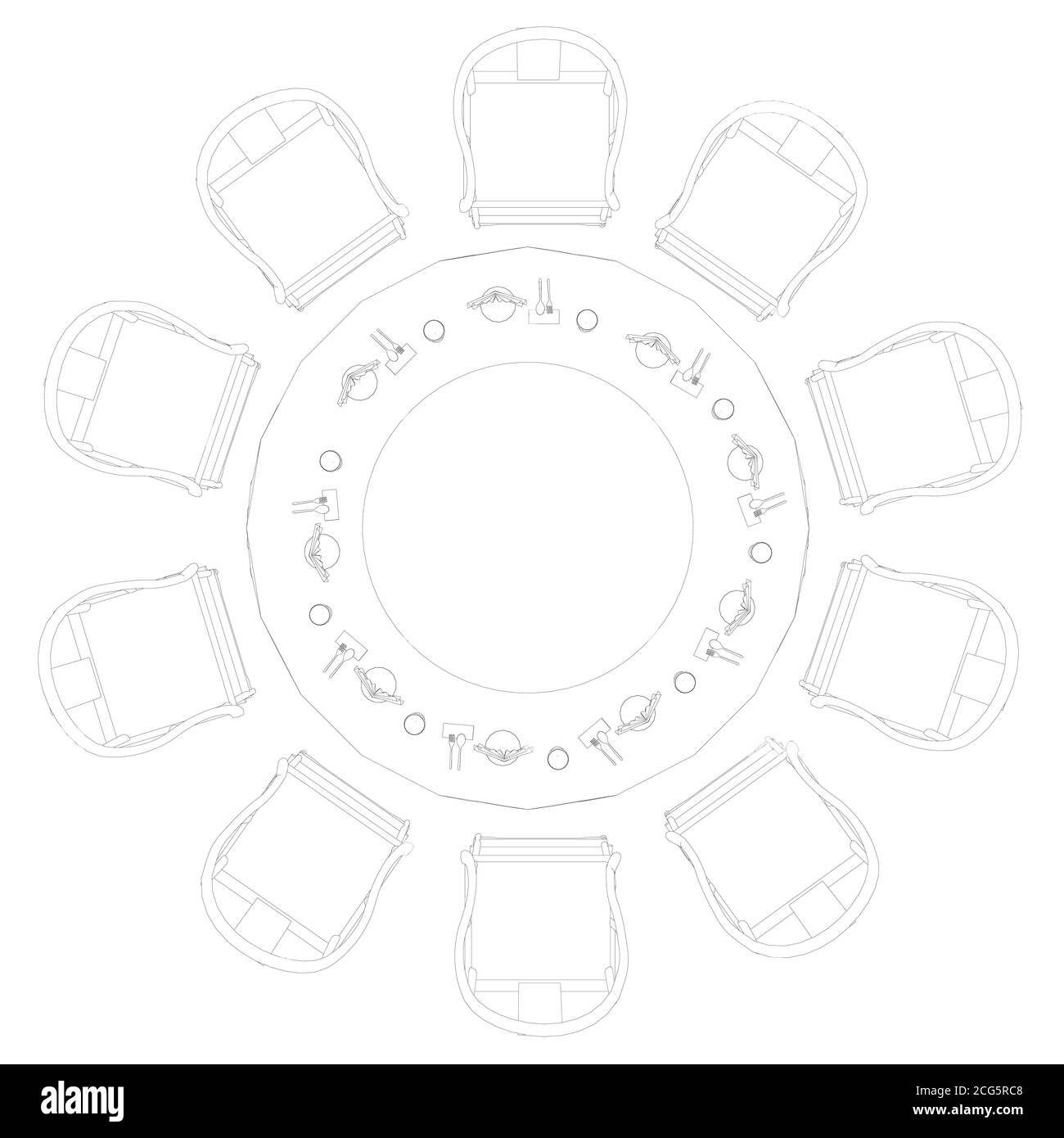 The outline of a round table with cutlery and ten chairs around. Restaurant table. View from above. Vector illustration Stock Vector