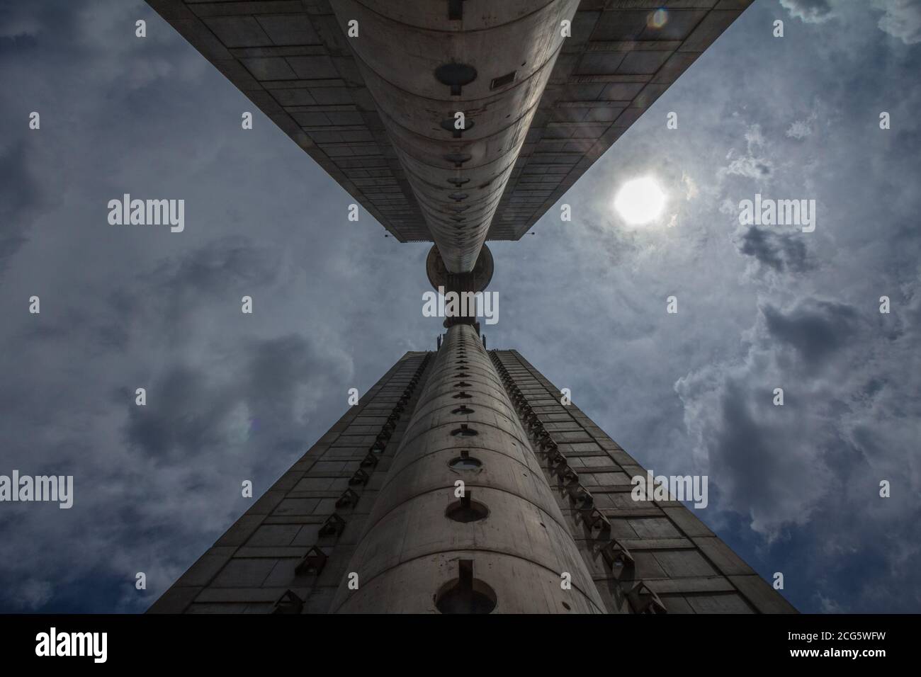 BELGRADE, SERBIA - JULY 16, 2018: Western Gate, also called Zapadna Kapija, or Genex Tower, seen from below. It is a business and residential skyscrap Stock Photo