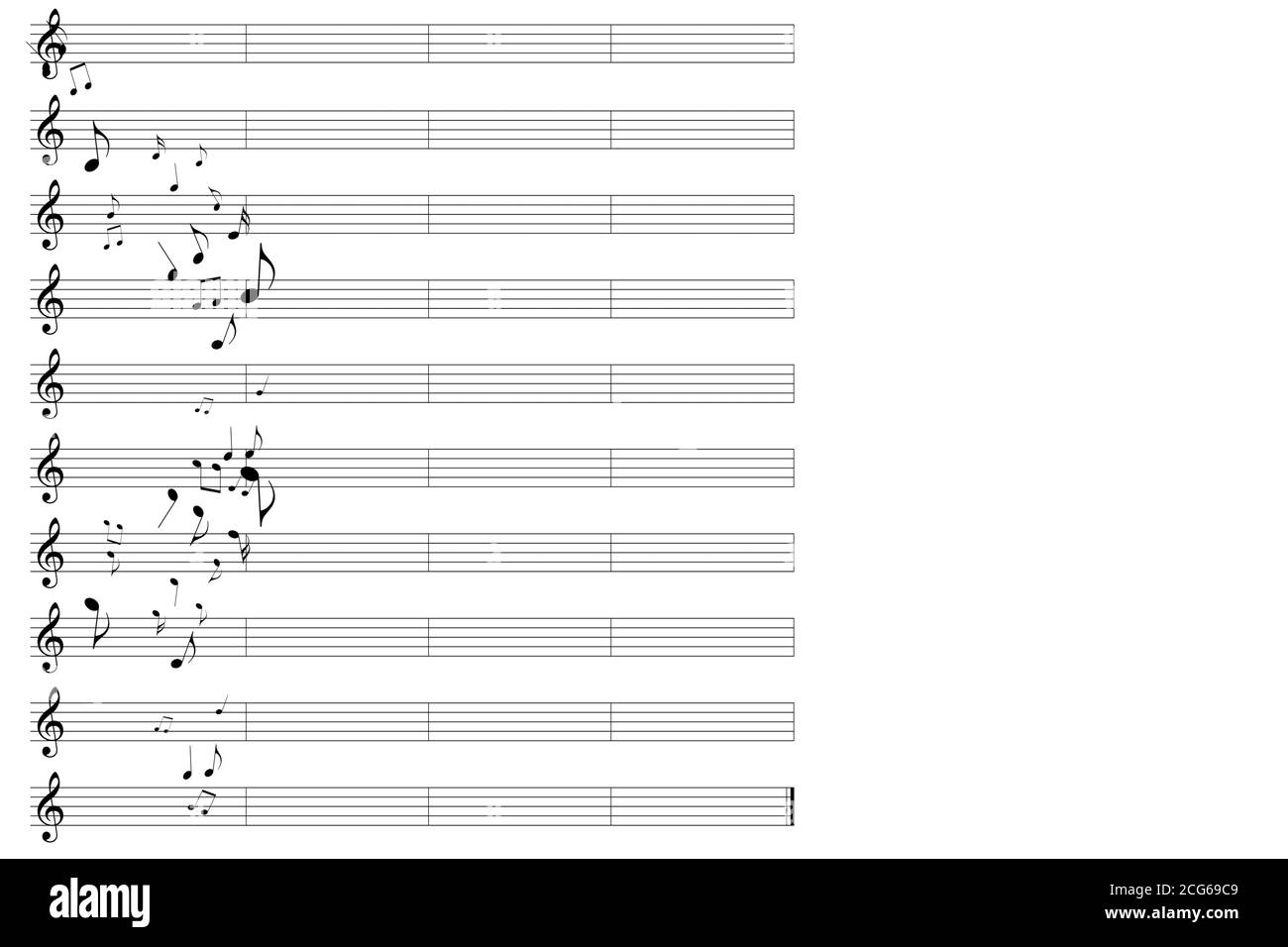 musical notes sliding off a music sheet on a white background Stock Photo