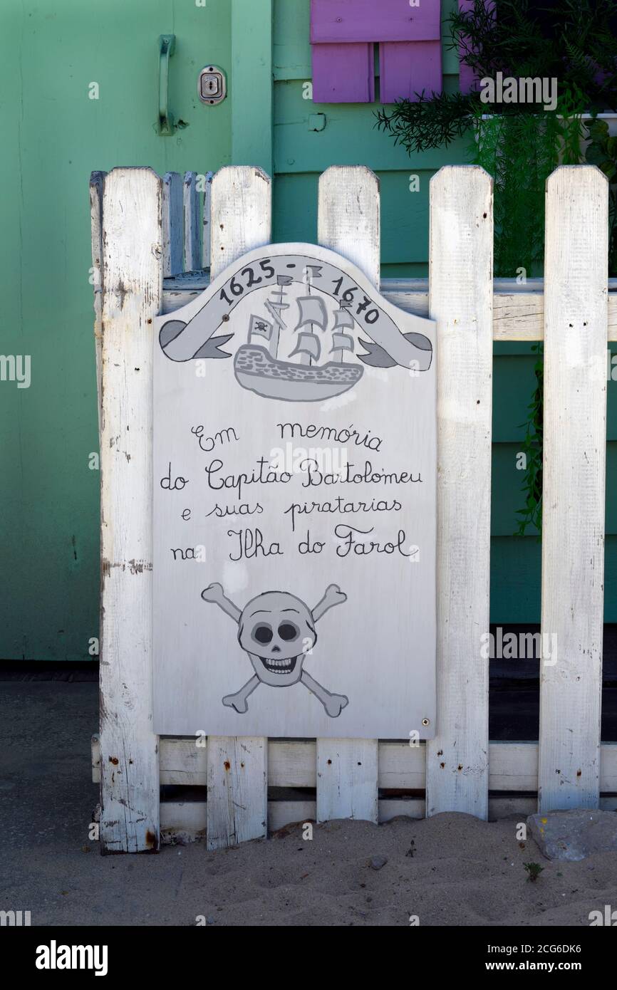 Memorial plate to the Portuguese buccaneer Bartolomeu, Farol village, Culatra Island, Olhao, Algarve, Portugal Stock Photo