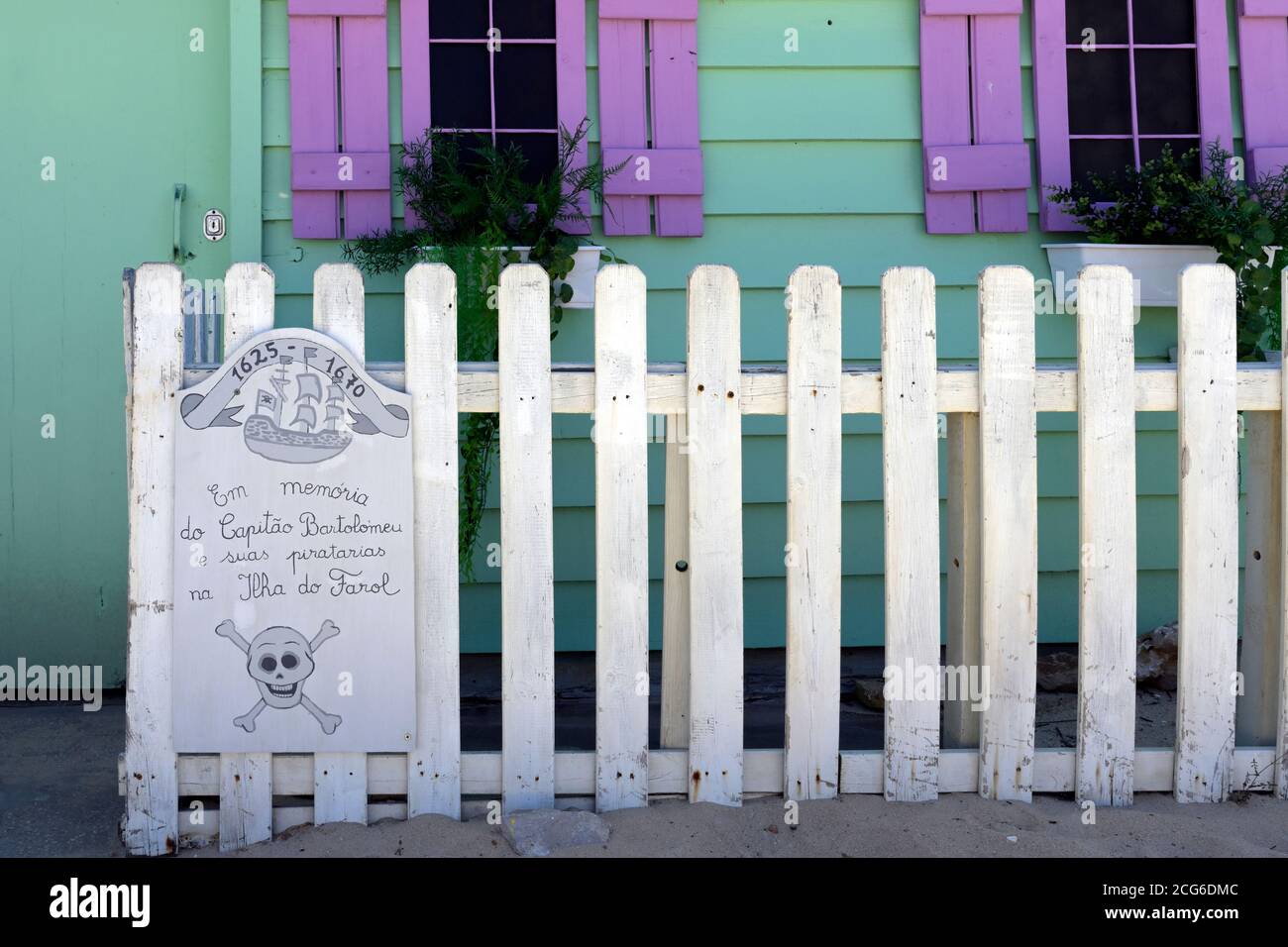 Memorial plate to the Portuguese buccaneer Bartolomeu, Farol village, Culatra Island, Olhao, Algarve, Portugal Stock Photo