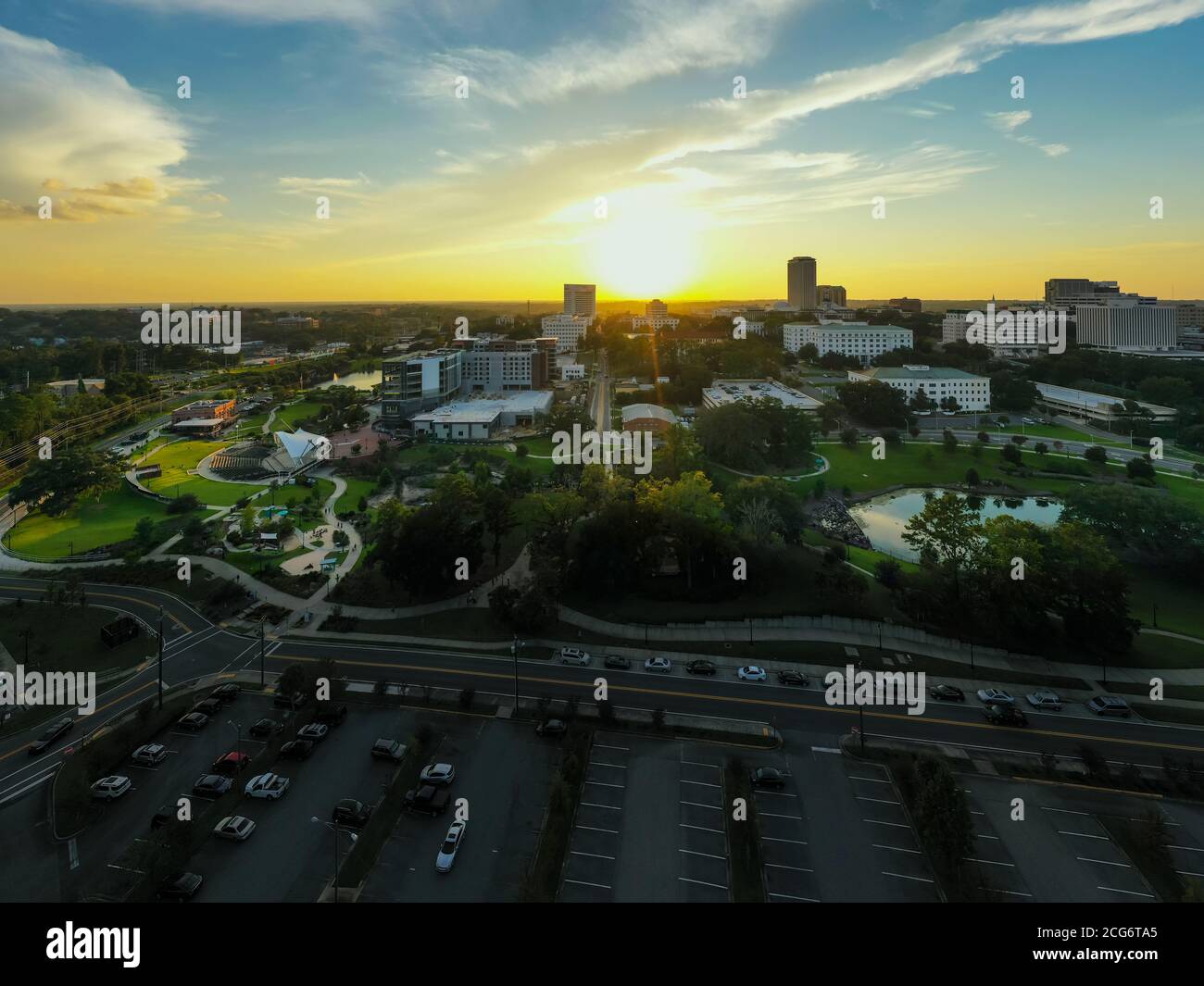 Aerial photo sunset Cascades Park Downtown Tallahassee FL USA Stock