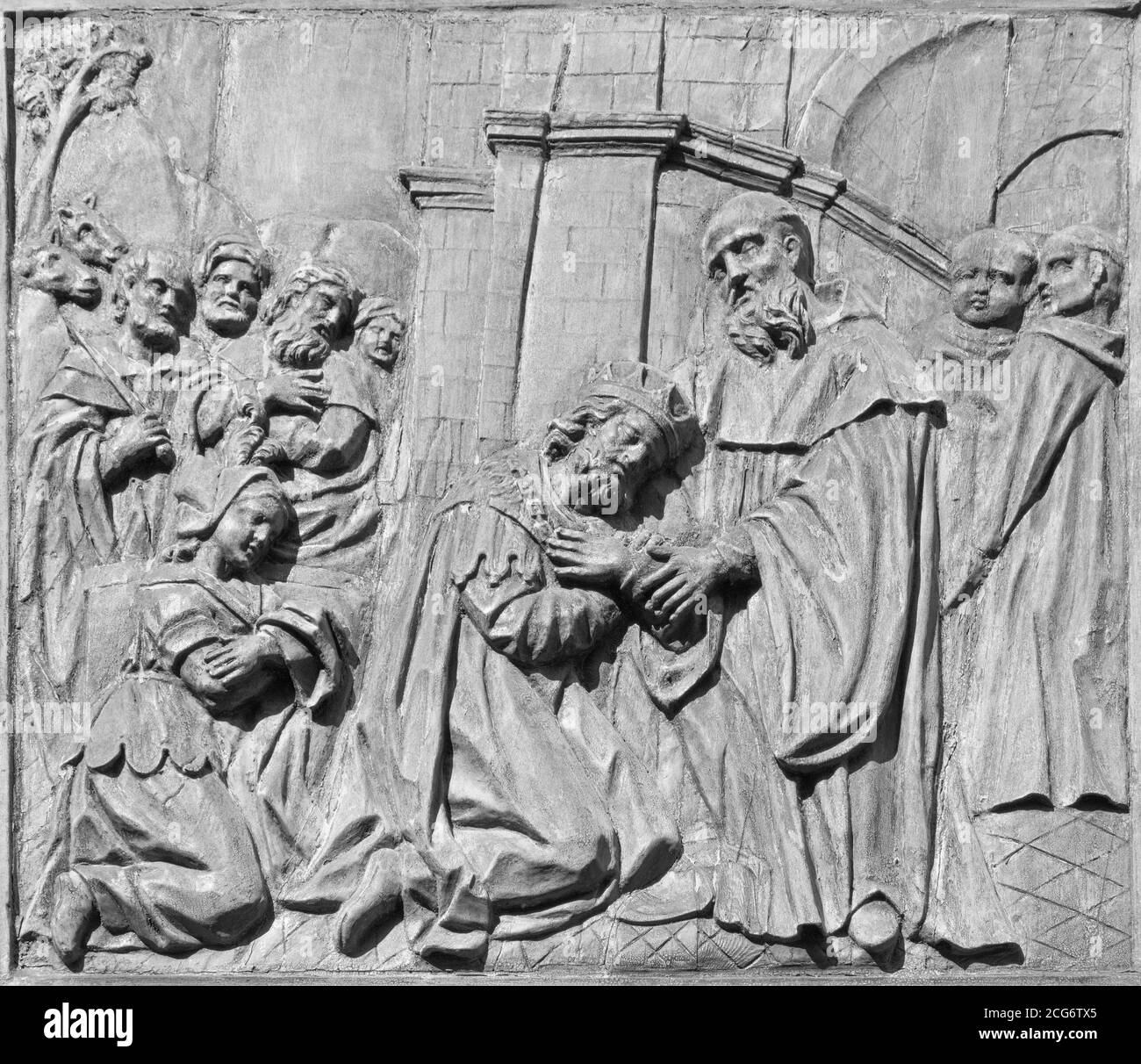 CATANIA, ITALY - APRIL 7, 2018: The baroque carved relief from live of St. Benedict (with the Totila king of Ostrogoths) Stock Photo
