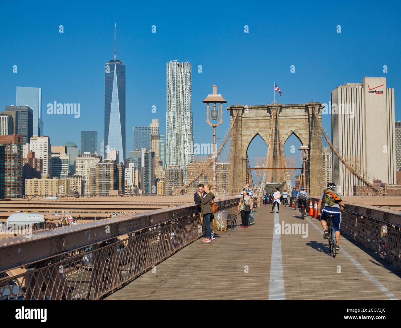 New York, New York State, United States of America. Looking towards the buildings of lower Manhattan from Brooklyn Bridge.  The tallest building to th Stock Photo
