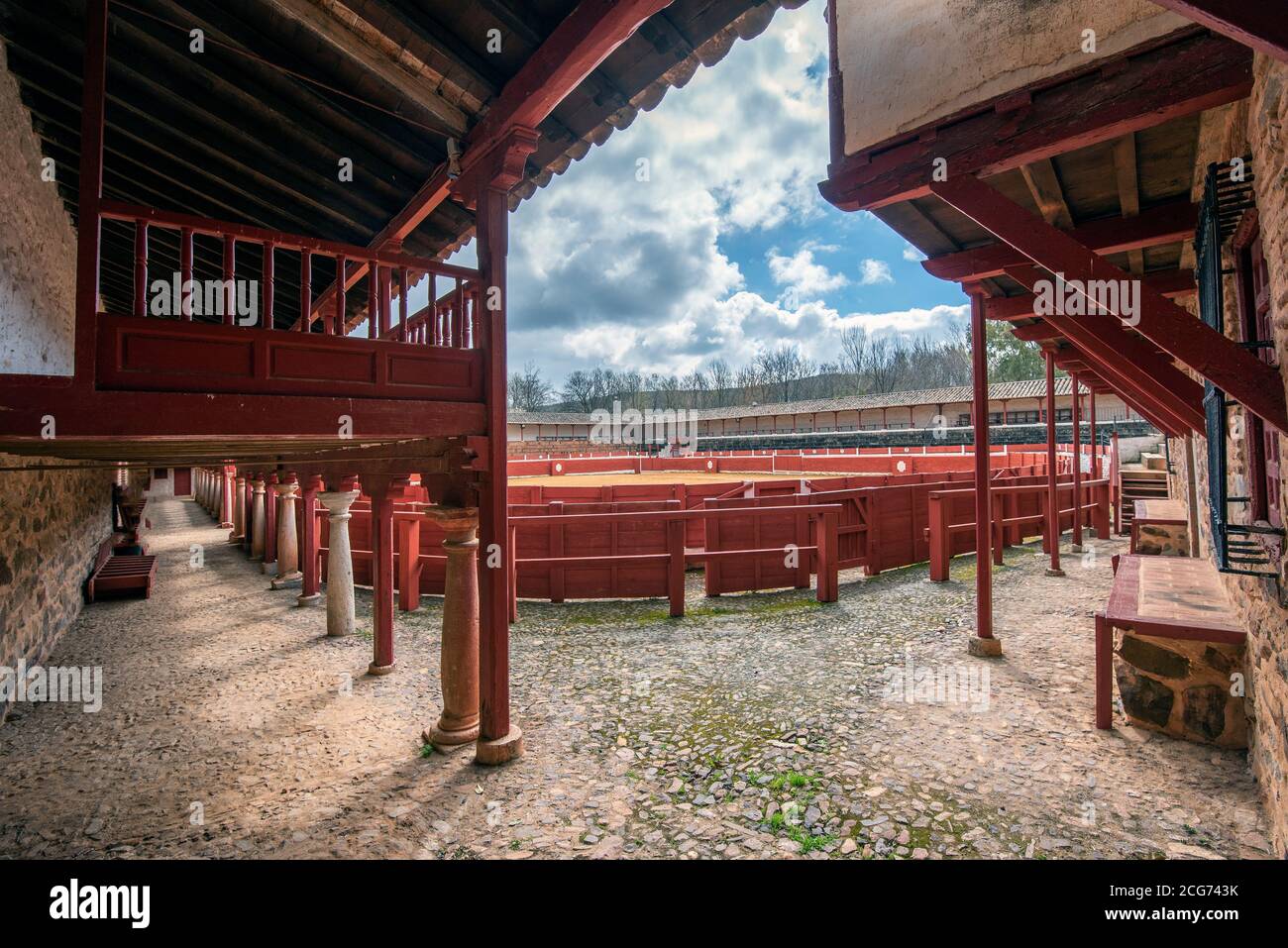 Harrows of a bullring supported by columns and wooden beams Stock Photo