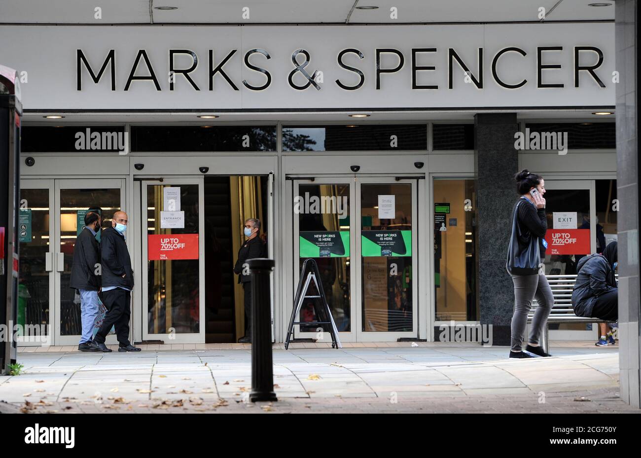 Bolton, Lancashire, 9th September 2020. The people of Bolton face their first full day of a new stricter lockdown today. Pubs, bars and restaurants are only allowed to serve a take away service, while it is not allowed to meet anyone from outside your family. Marks and Spencer, Deansgate, Bolton. Credit: Paul Heyes/ Alamy Live News Stock Photo