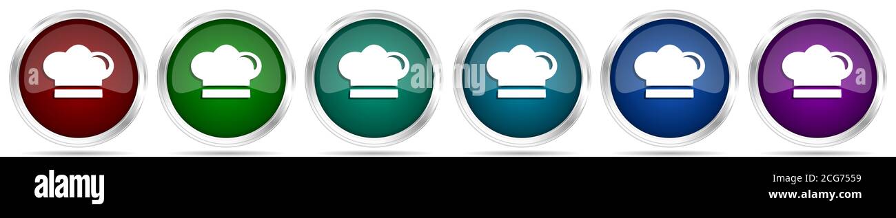 Cook icons, set of silver metallic glossy web buttons in 6 color ...