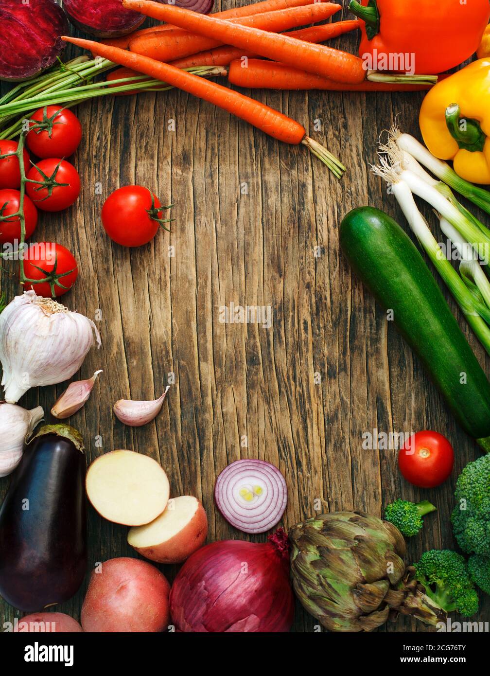 Fresh fruit and vegetables on a wooden table Stock Photo