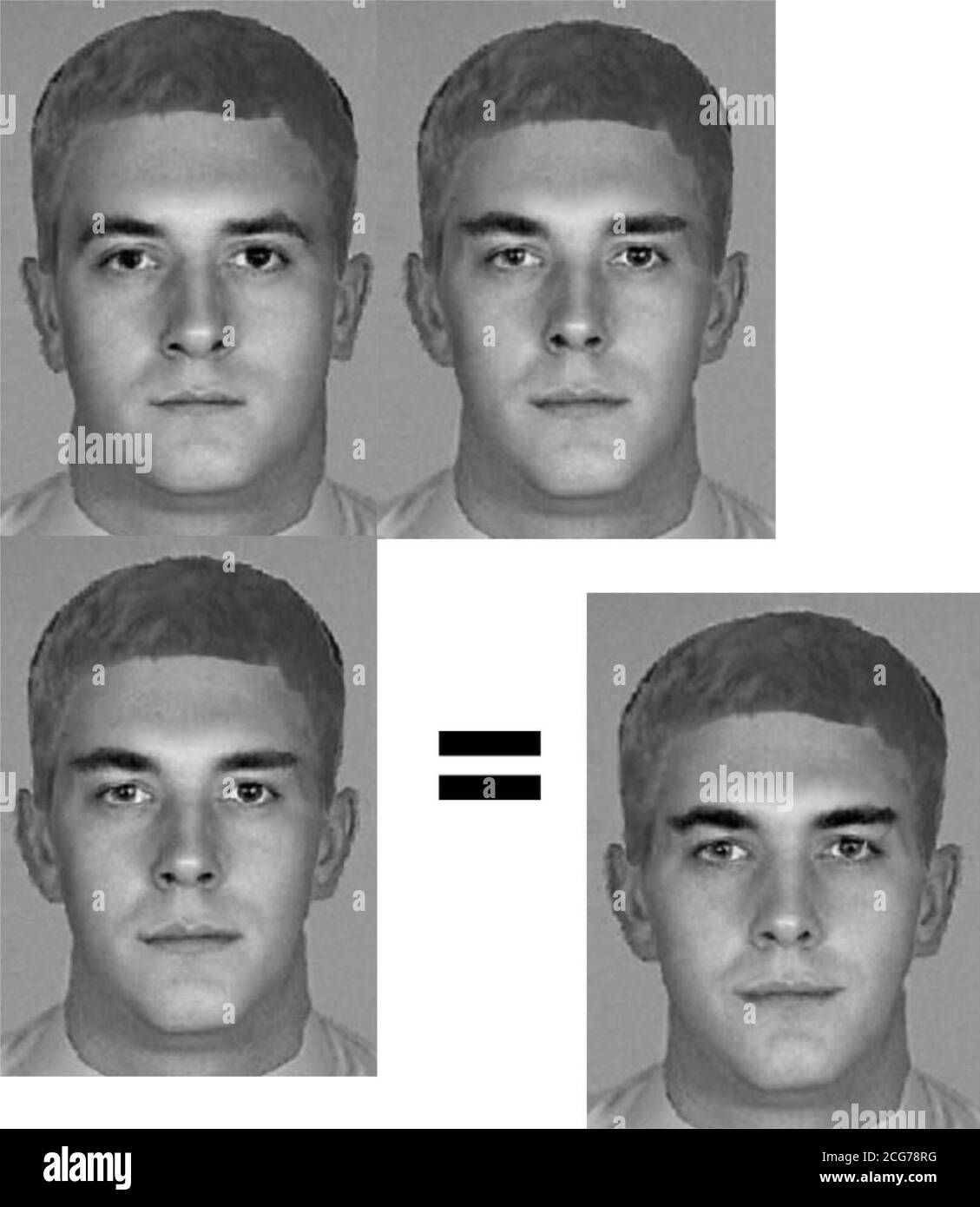 Composite of footballer Michael Owen mugshots issued to demonstrate the EvoFIT system which being investigated, so far with limited success, and involves generating 20 random images of the suspect, from which a single witness chooses six. * .... A new set of faces is then generated based on similarities of the six, from which another selection is made. This process carries on, so that the suspect picture 'evolves over time'. The EvoFIT system works in a similar way to selective breeding of animals, each generation producing a new 'child' which should be a more accurate than the one preceding Stock Photo