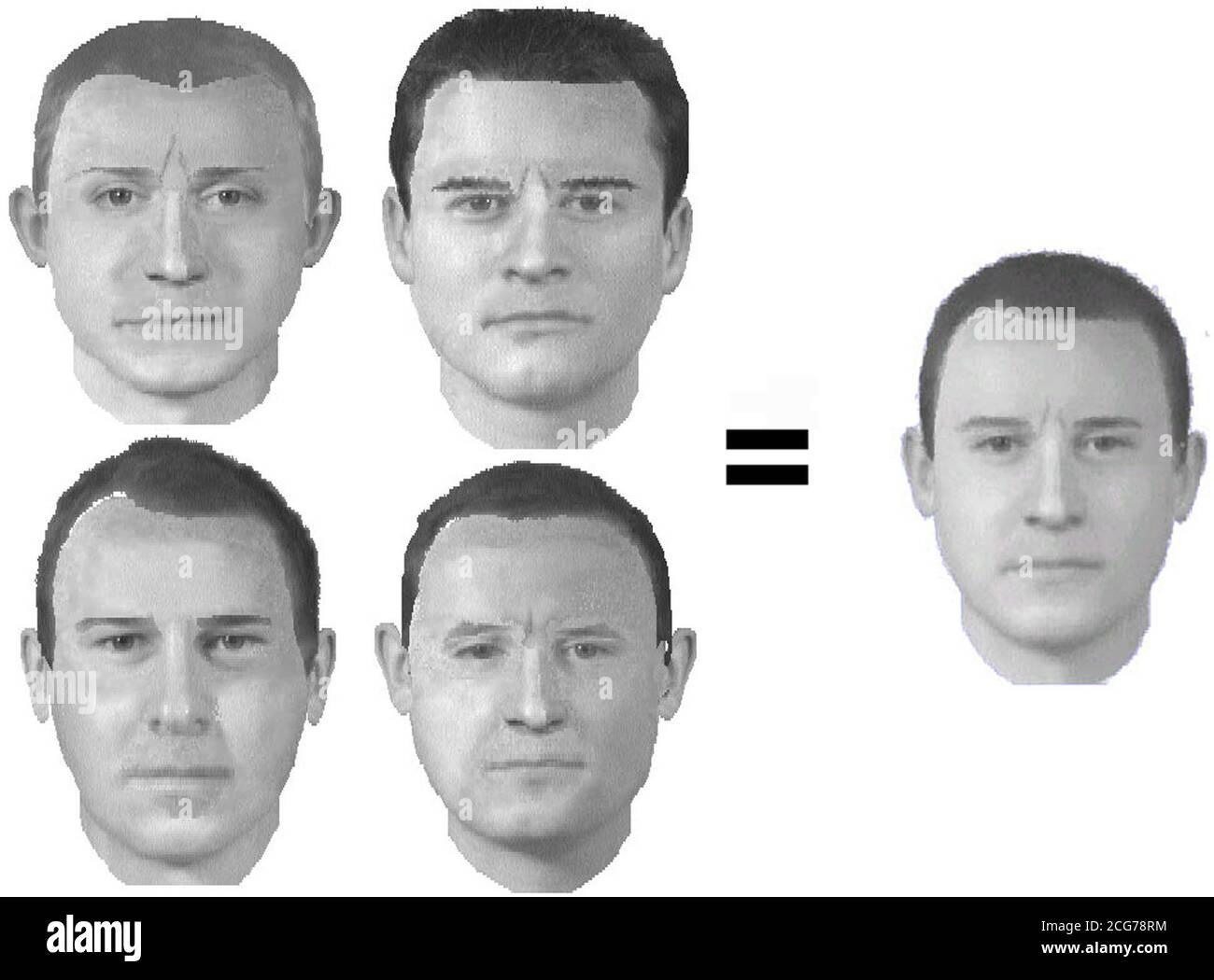 Composite of identikit images by four 'witnesses' who were shown a picture of actor Robert Carlyle and how when morphed together the likeness was slightly better than the best, and much better than the worst, of the originals. * .... A team led by Dr Peter Hancock at the University of Stirling in Scotland tested the system by morphing identikits of the actor. At the British Association science festival at Glasgow University, Dr Hancock said: 'Each one of the original faces will capture some aspect of the real target. They all differ, but in different ways. But when you average them together Stock Photo