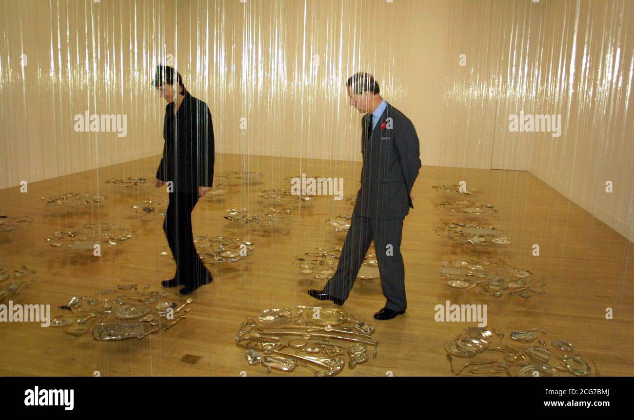 The Prince of Wales opened the Tate Britain Centenary Development at Tate Britain Millbank London. Prince Charles with Artist Cornelia Parker viewing her instillation '30 Pieces of Silver' Stock Photo
