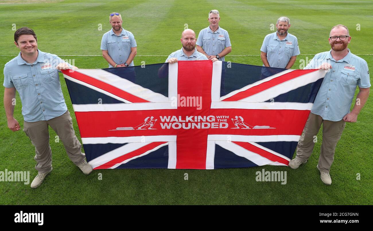 Veterans (L-R) Ben McComb, Ashley Winter, David Adams, Sean Gane, Andrew Phillips and Brian O'Neill during the launch event at the Honourable Artillery Company, London, for Walking With The Wounded's Walk Of Oman, a 21 day charity trek across the Omani Desert. Stock Photo