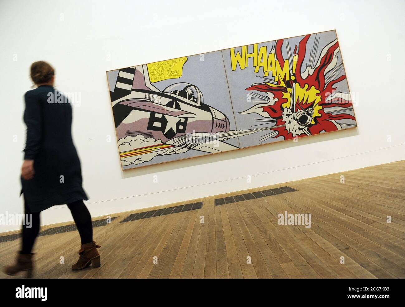 Roy Lichtenstein's painting Whaam! 1963 is exhibited during the press preview for Lichtenstein:A Retrospective at Tate Modern, London. Stock Photo