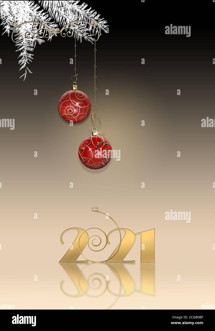 Luxury elegant Christmas 2021 New Year ornament with red gold bauble with gold confetti, digit 2021 on black background. Vertical 2021 New Year card. Place for text, copy space. 3D Illustration. Stock Photo