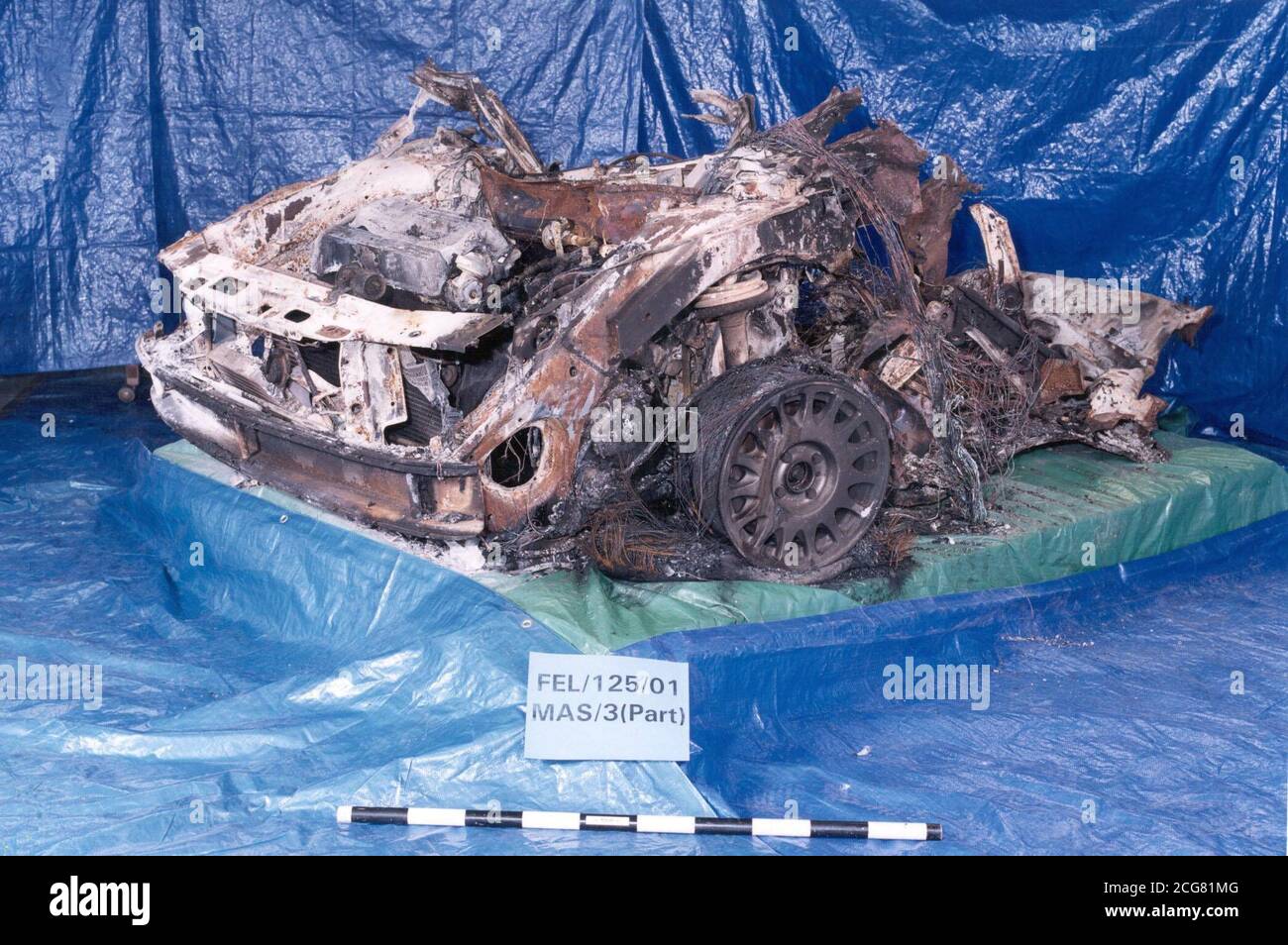 Scotland Yard collect photo issued 8/4/03 of the wreckage of a car after the Real IRA bomb blast in Ealing. * Three Irish terrorists were convicted at the Old Bailey of plotting a Real IRA bombing campaign in mainland Britain - endangering life and severely damaging property. They were frontliners in a conspiracy responsible for car bomb attacks on three busy centres on Saturday nights during 2001. The first was on the BBC Television centre in March, then in Ealing Broadway, west London, in August and finally in Smallbrook, Queensway, Birmingham in November. Brothers Robert Hulme, 23, and Stock Photo