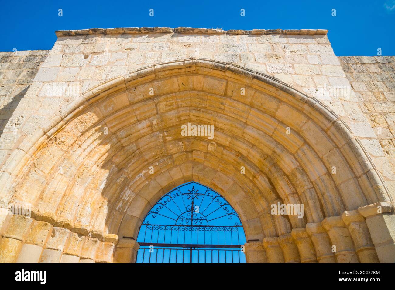 Facade of Santa Maria de la Varga church. Uceda, Guadalajara province, Castilla La Mancha, Spain. Stock Photo