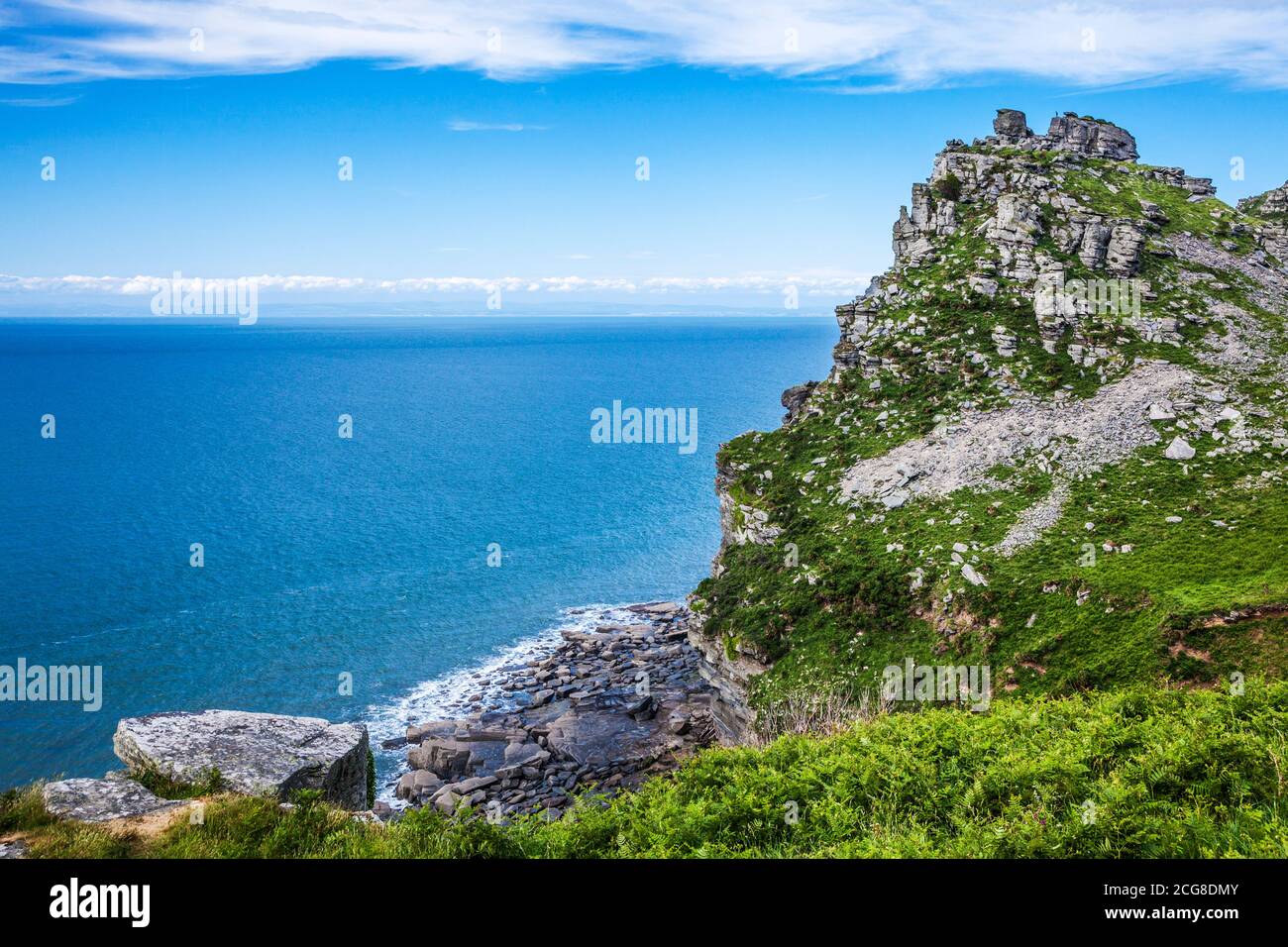 View the Bristol Channel near Lynton, Devon, from the South West Coast Path known as the Valley of the Rocks. Stock Photo