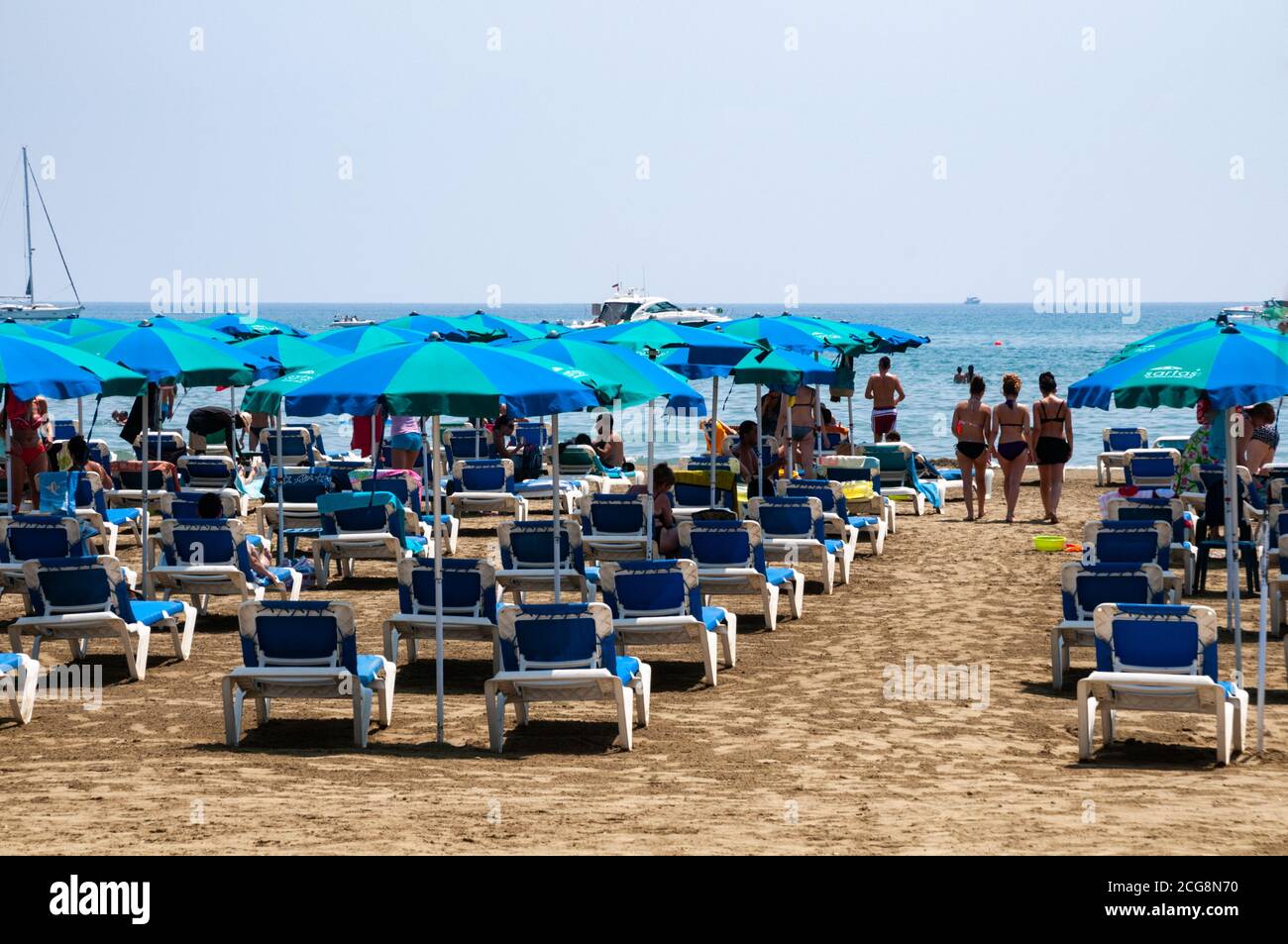 Row upon row of sunbeds and parasols on a hot summer's day on the beach in Larnaca, Cyprus. Stock Photo