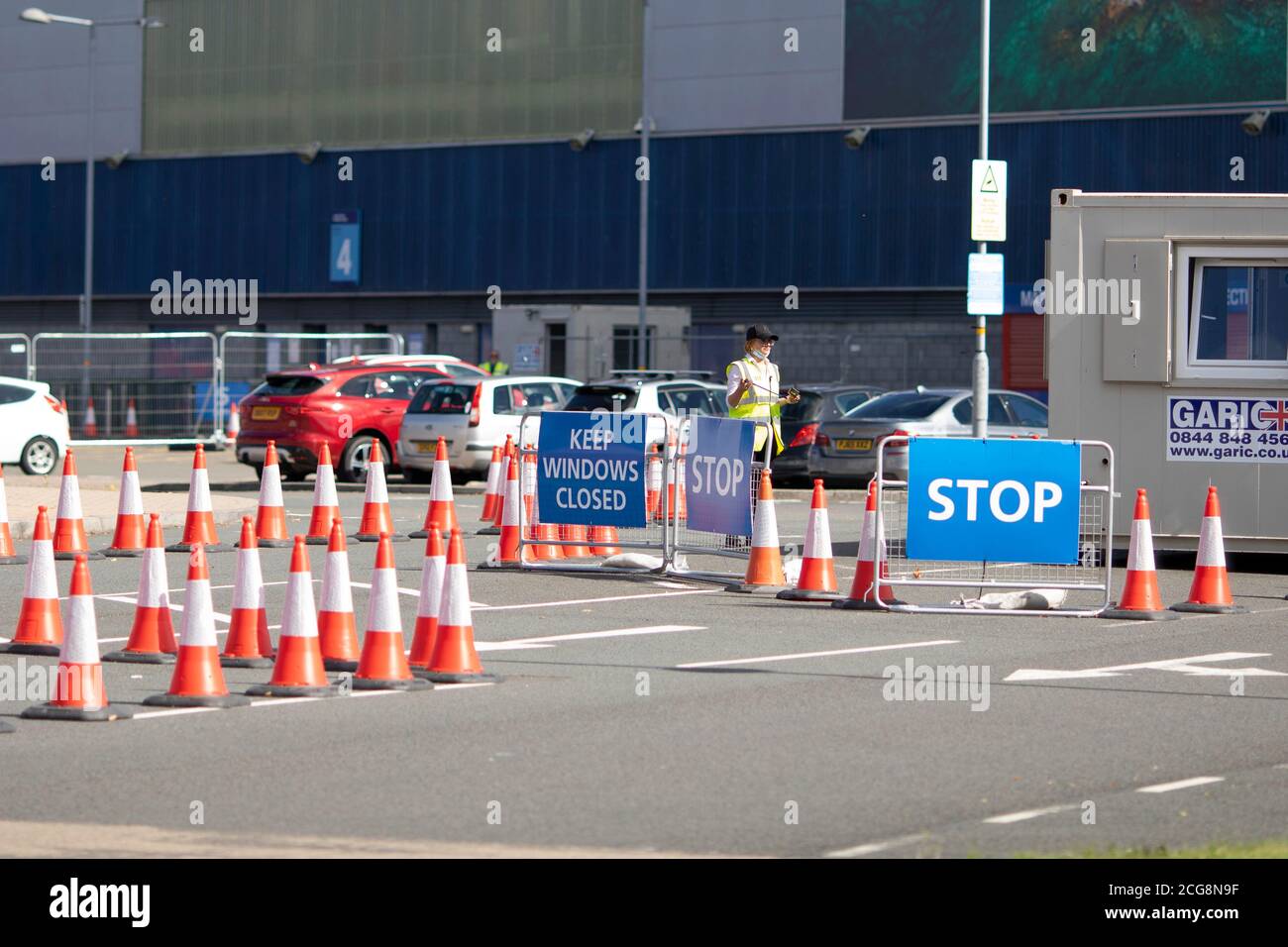 Cardiff, Wales, UK. 9th Sep, 2020. The entrance to the drive-through coronavirus test centre at Cardiff City Stadium as new cases of the virus rise across the UK. Credit: Mark Hawkins/Alamy Live News Stock Photo