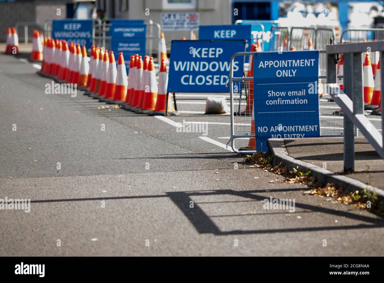 Cardiff, Wales, UK. 9th Sep, 2020. The entrance to the drive-through coronavirus test centre at Cardiff City Stadium as new cases of the virus rise across the UK. Credit: Mark Hawkins/Alamy Live News Stock Photo