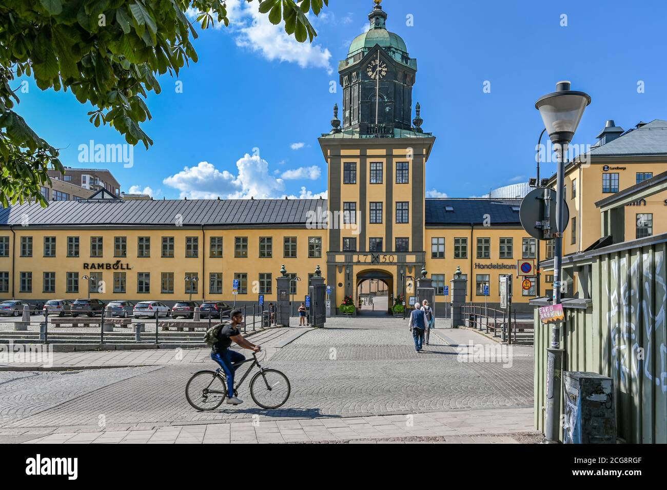 Holmens paper mill in the old industrial landscape during summer in Norrkoping. Norrkoping is a historic industrial town in Sweden. Stock Photo