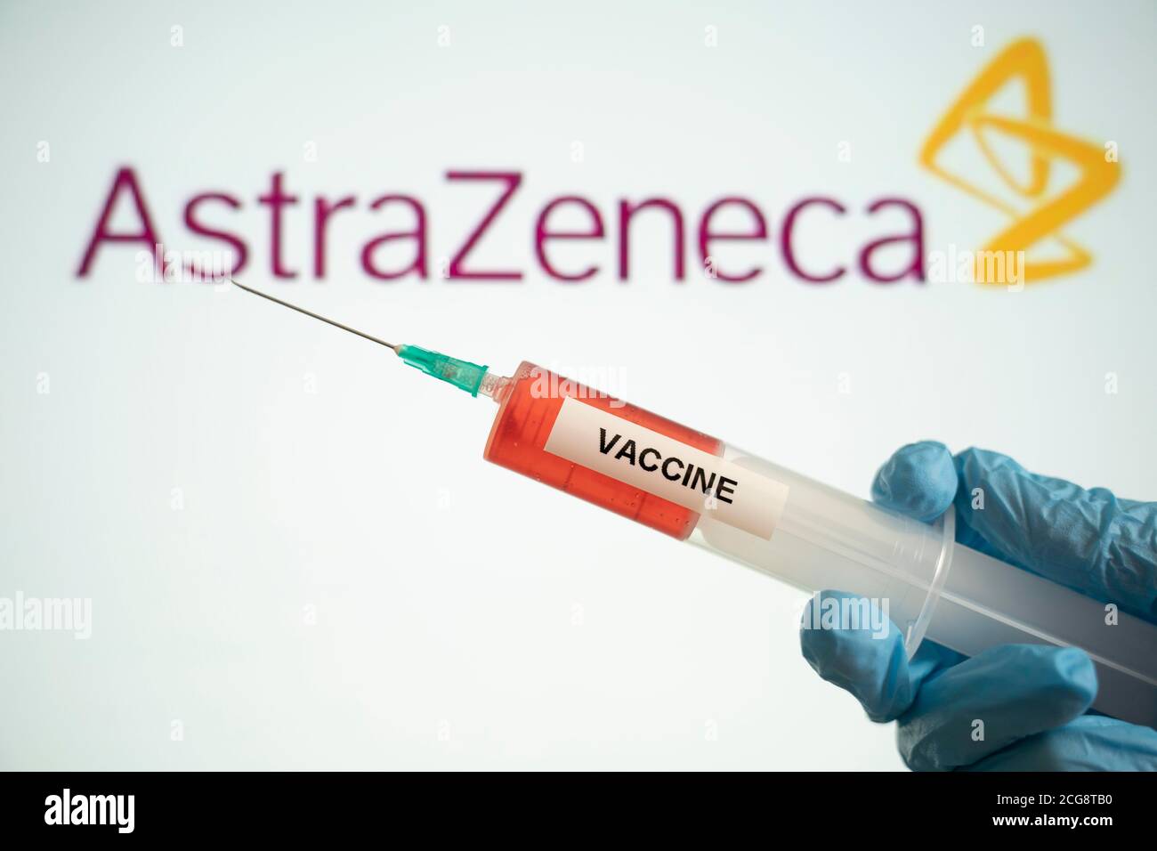 07/20/2020, breaking news, Symbolic Image of a "Vaccine" form pharmaceutical company and brand Astra Zeneca. University of Oxford developed a promising Vaccine. European Union places a big order | usage worldwide Stock Photo