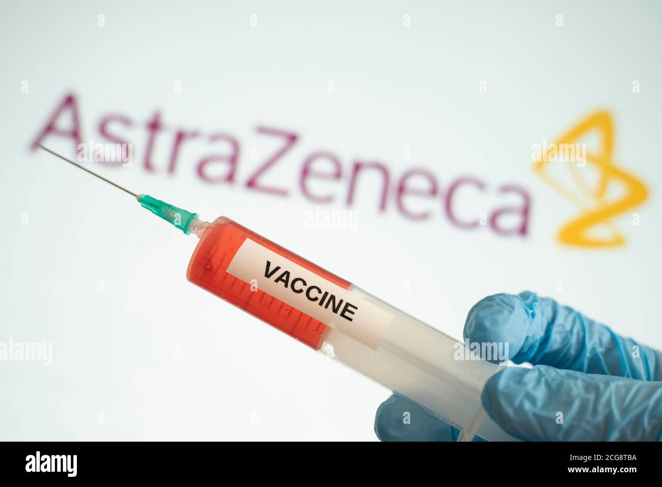 07/20/2020, breaking news, Symbolic Image of a "Vaccine" form pharmaceutical company and brand Astra Zeneca. University of Oxford developed a promising Vaccine. European Union places a big order | usage worldwide Stock Photo