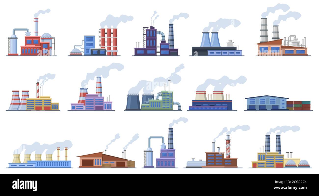 Factory buildings. Industry warehouse and power station, manufacturing factory building architecture exterior vector illustration icons set Stock Vector
