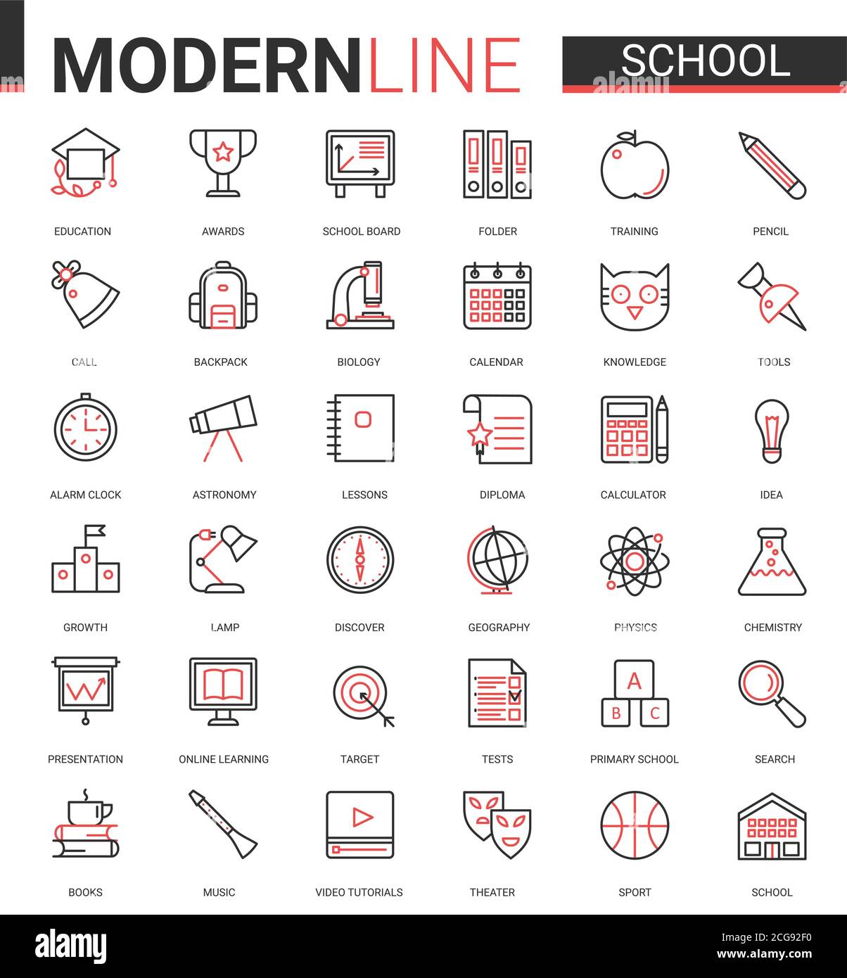 School education thin red black line icon vector illustration set with outline schooling ui mobile app collection of educational items for students and school subjects, editable stroke study symbols Stock Vector
