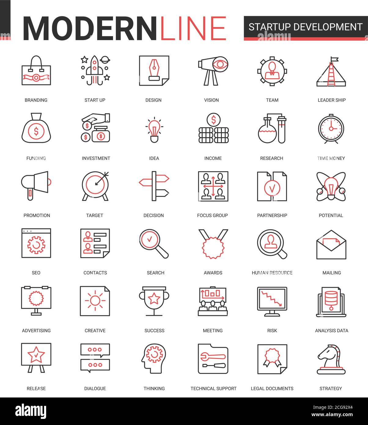 Business startup development technology thin red black line icon vector illustration set. Outline successful business strategy for starting new project symbols with developing innovation idea research Stock Vector