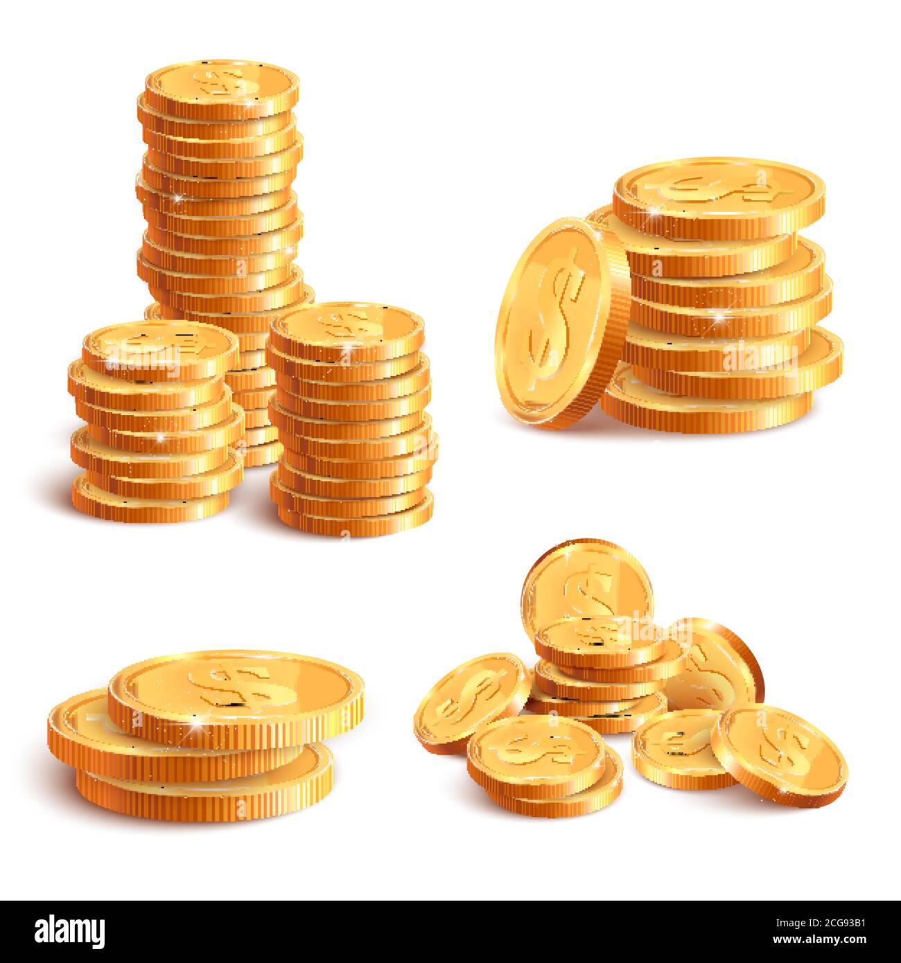 Realistic coins pile. Golden coin dollar stack, 3D jackpot coins, gold treasure prize, cash coin piles isolated vector illustration icons set Stock Vector