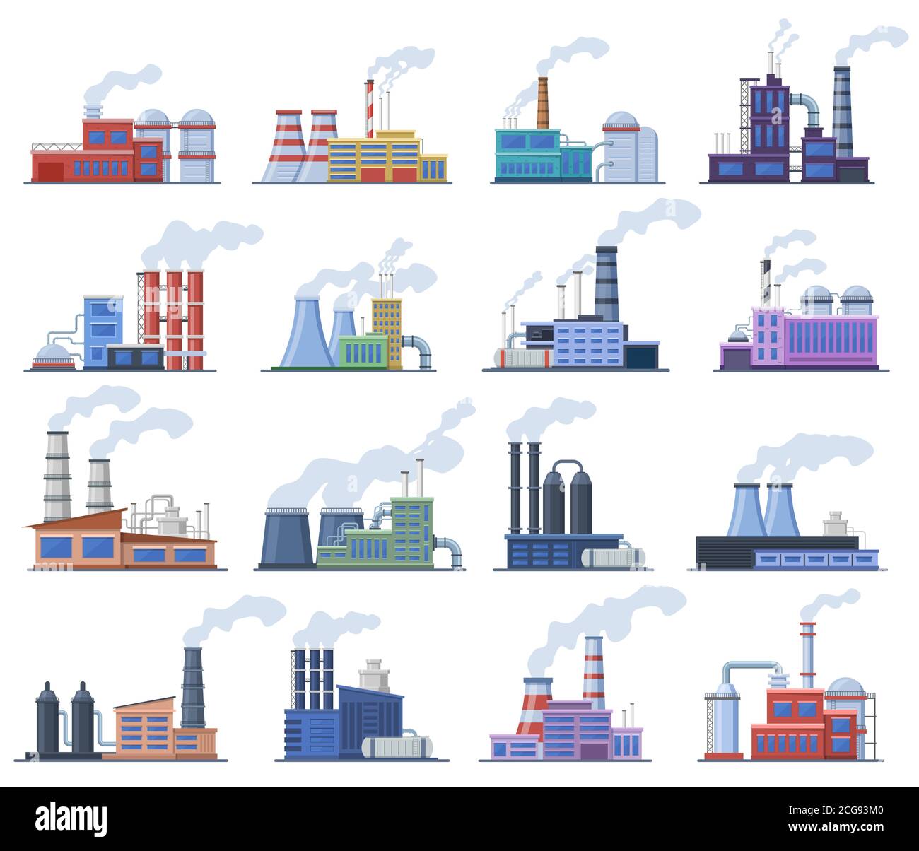 Industrial factory. Manufacturing building, chimney pipe factory, warehouse, power station, factory architecture exterior vector illustration set Stock Vector