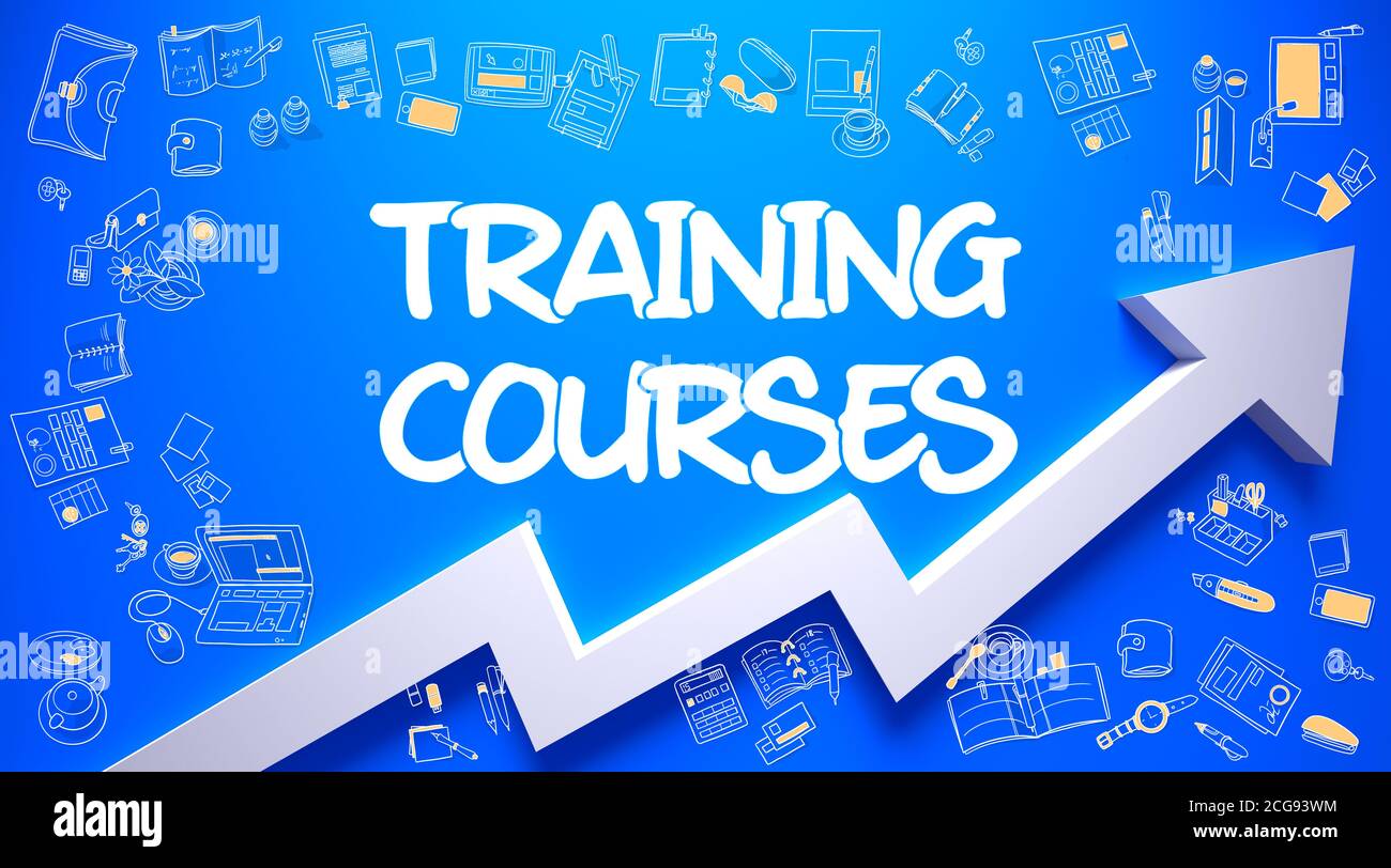 Training Courses - Modern Line Style Illustration with Doodle Design Elements. Azure Wall with Training Courses Inscription and White Arrow. Improvement Concept. Stock Photo