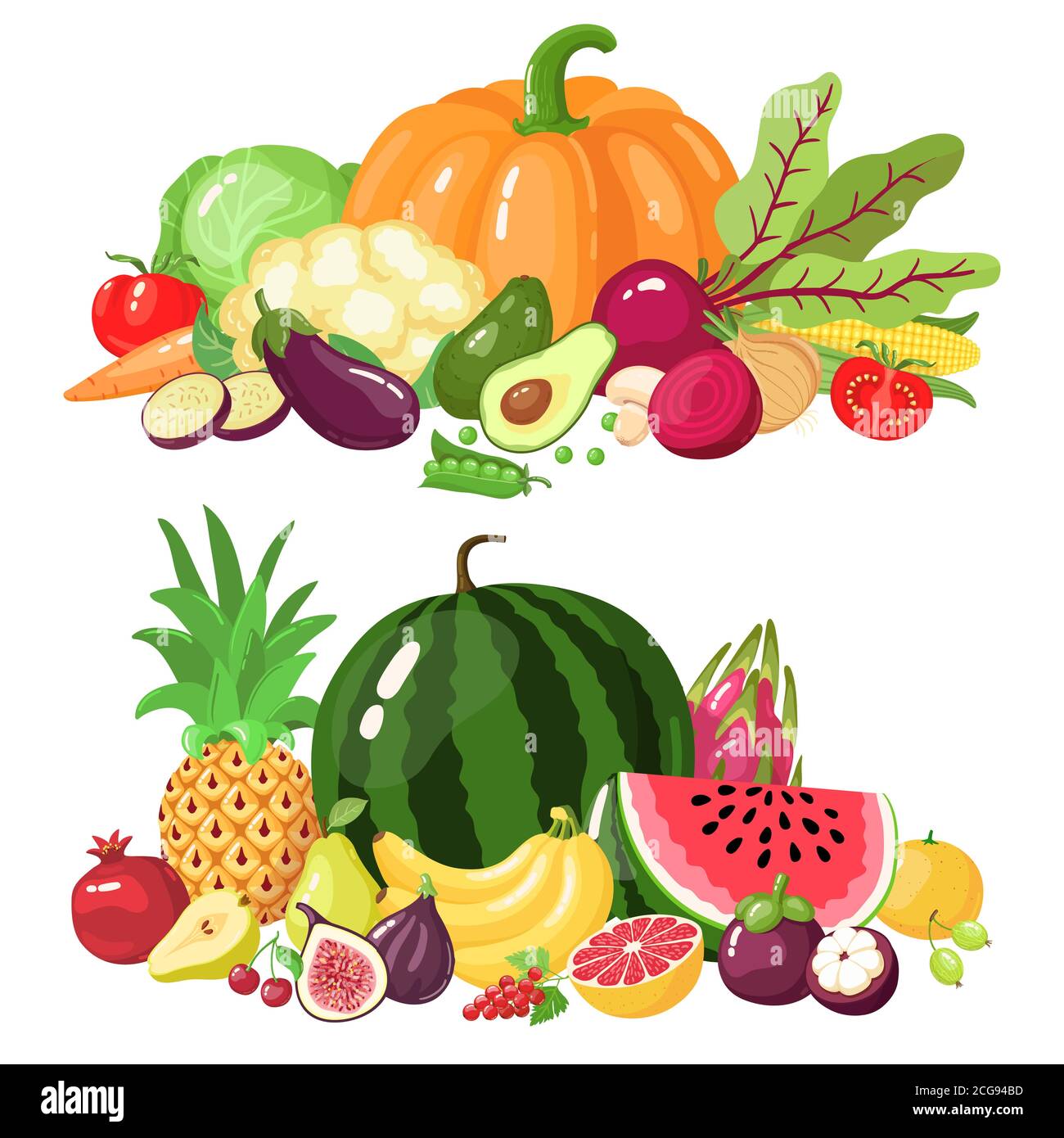 Vegetables and fruits. Cartoon vegetarian food, watermelon, pumpkin and