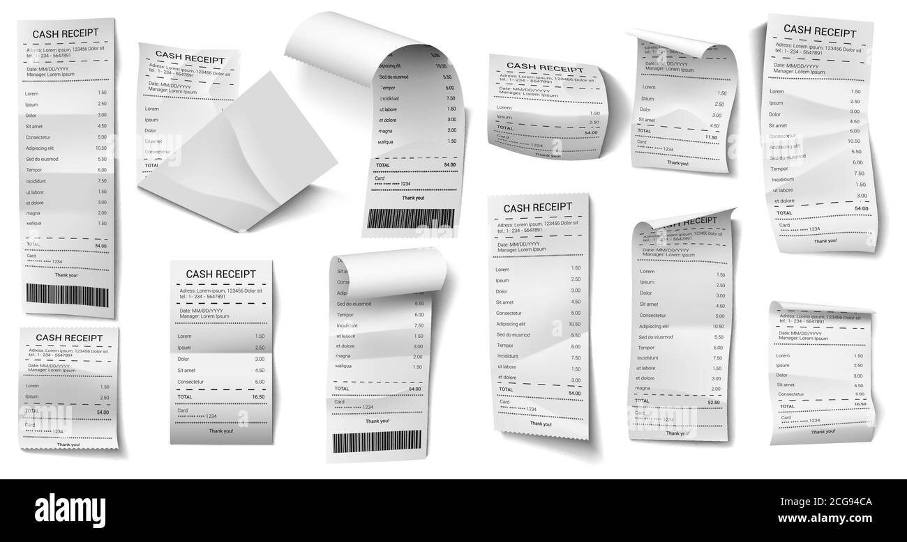 Realistic paper check. Shopping purchase paper bill, 3d financial check, payment printed checks isolated vector illustration icons set Stock Vector