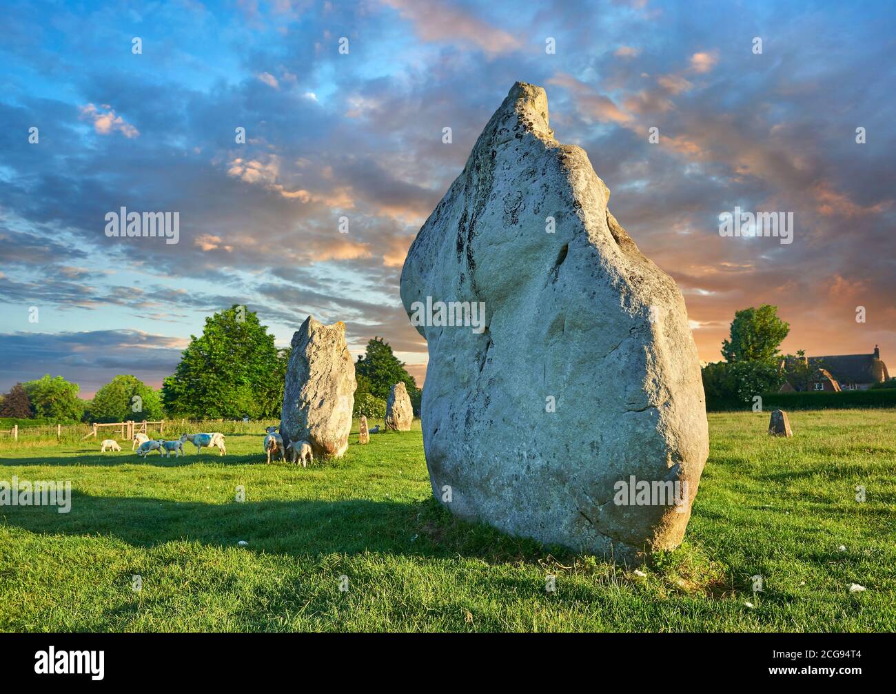 Avebury Neolithic standing stone Circle the largest in England at sunset, Wiltshire, England, Europe Stock Photo