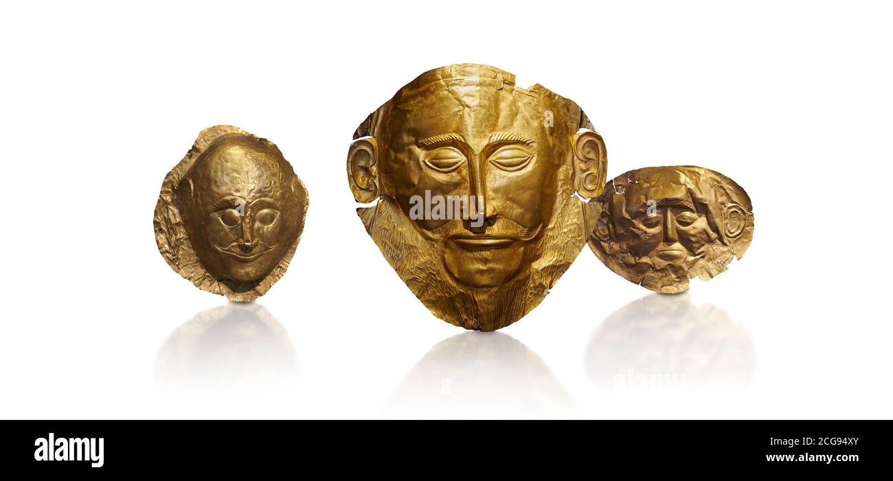 Mycenaean gold death masks from Grave Circle A, centre mask of Agamemnon, Mycenae, Greece. National Archaeological Museum of Athens. White background. Stock Photo