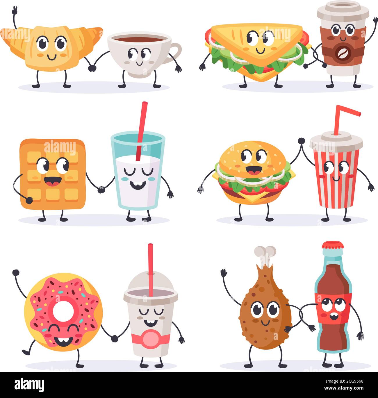 Cartoon food characters. Junk food mascots, sandwich with coffee and donut,  street food and beverages cute characters vector illustration set Stock  Vector Image & Art - Alamy