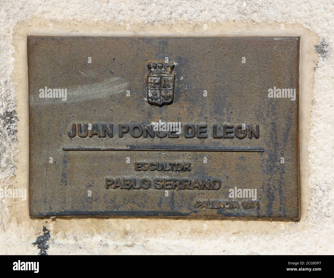 Plaque on a stone sculpture dated 1971 of Juan Ponce de León who