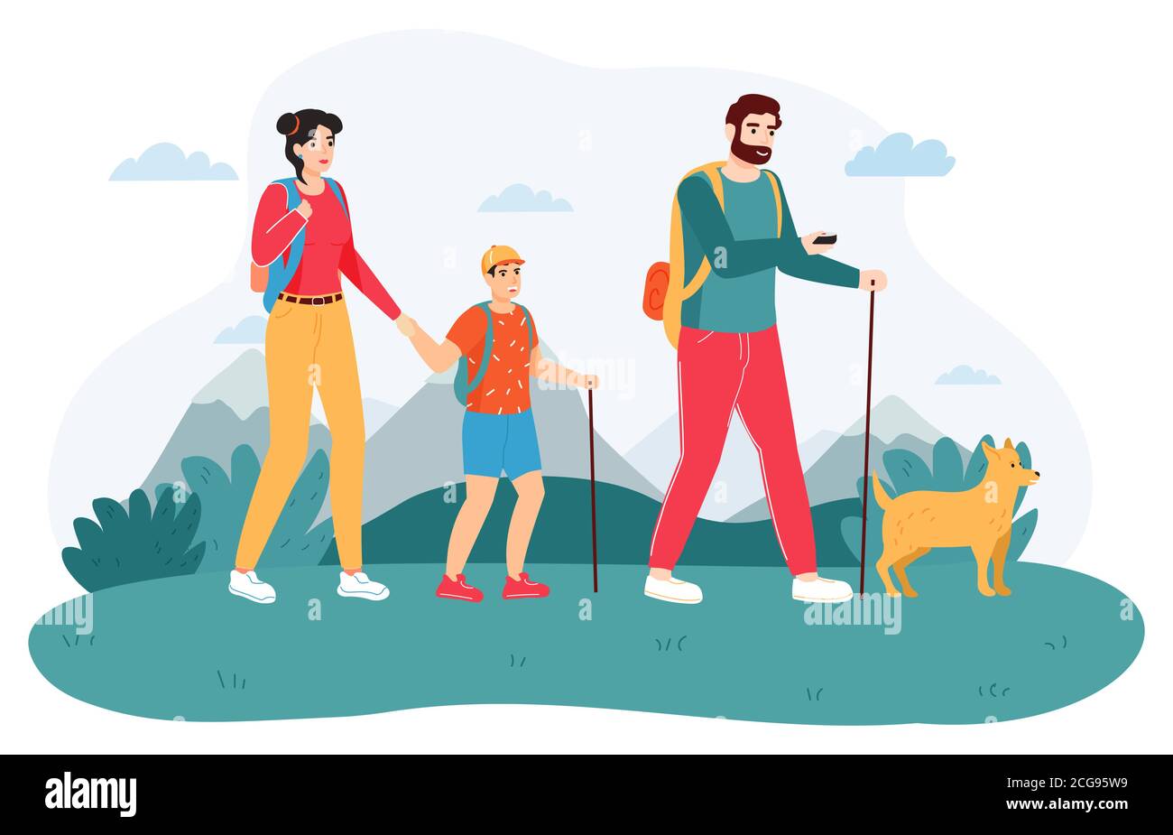 Family outdoor journey. Happy hiking family, active adventure tourism, active tourists, travel trekking family with kid vector background illustration Stock Vector