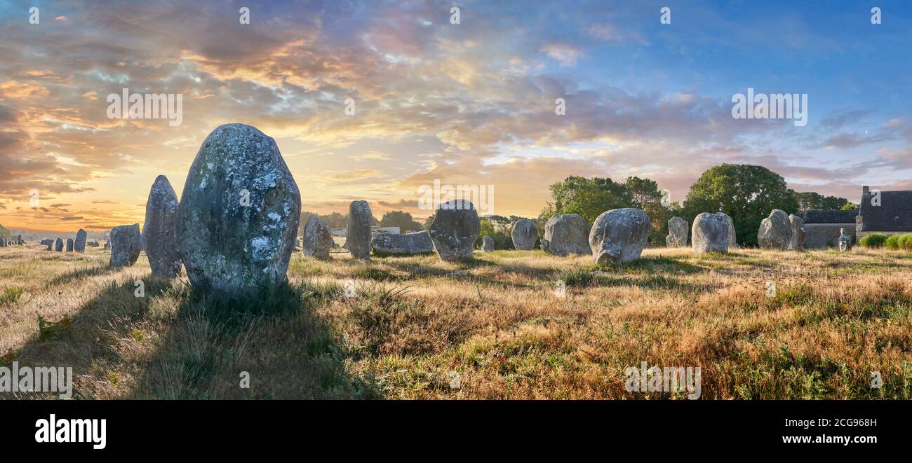 View of Carnac neolthic standing stones monaliths, a pre-Celtic site of standing stones used from 4500 to 2000 BC,  Carnac is famous as the site of mo Stock Photo