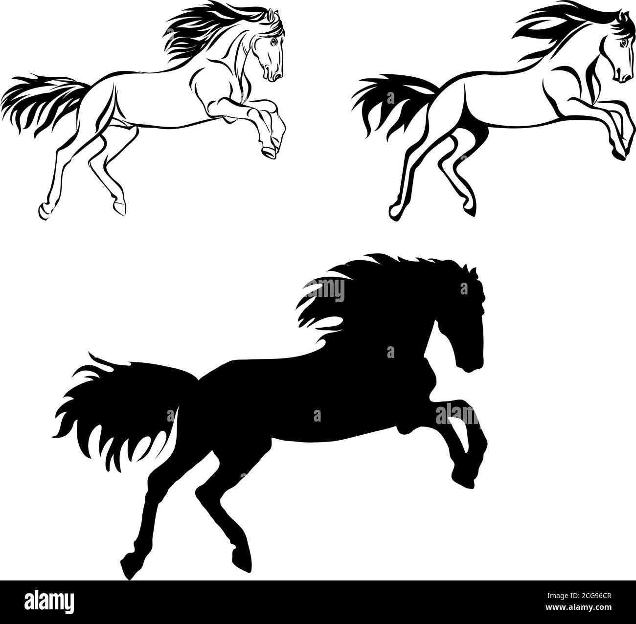 Horse, drawing, black, silhouette, symbol, illustration, image, picture, isolated, races, vector, line, gallop, head, mane, stallion, stock-raising Stock Vector