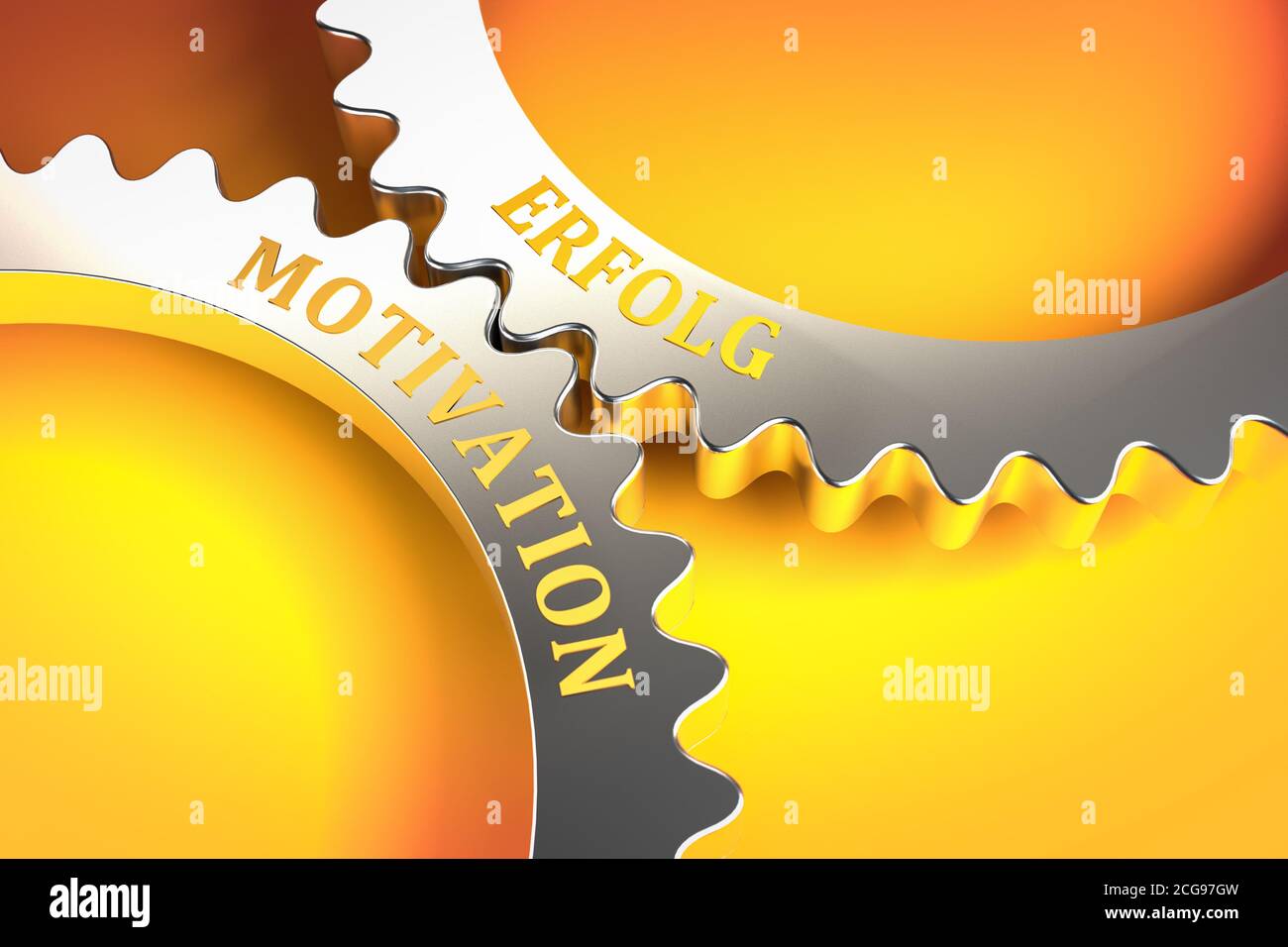Business Concept: Success through motivation of the employees. Good motivation leads to success. Gears fitting into each other. Metaphor. German langu Stock Photo