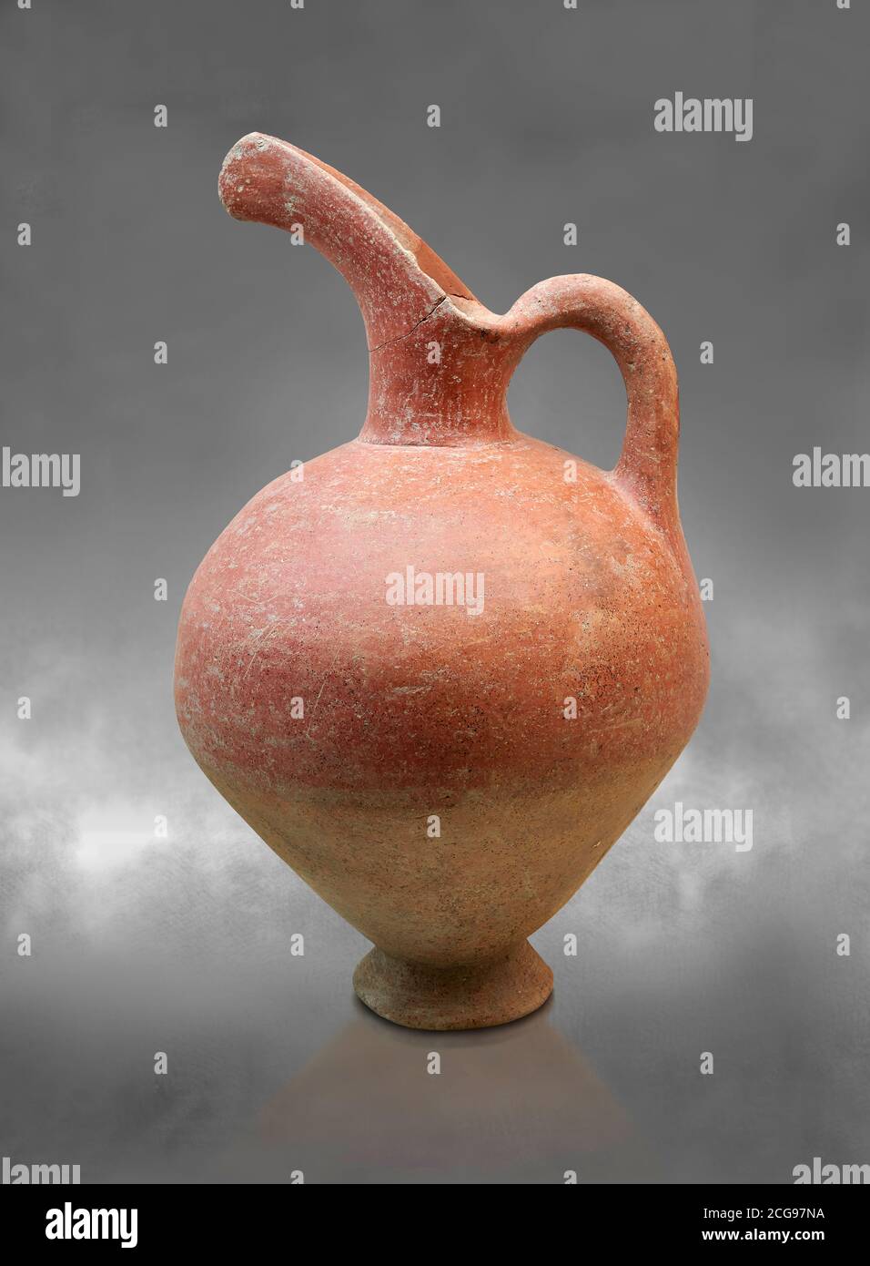 Hittite spouted pitcher, Hittite capital Hattusa, Hittite  Middle  Kingdom 1650-1450 BC, Bogazkale archaeological Museum, Turkey. grey background Stock Photo