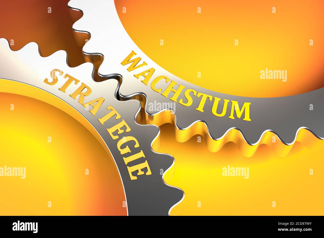 Business Concept: Strategy Growth. A good strategy leads to growth. Gears fitting into each other. Metaphor. German Language: Strategie Wachstum Stock Photo