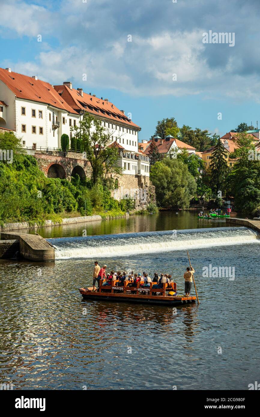 Boating on Vltava (Moldau) River, Cesky Krumlov, Czech Republic Stock Photo