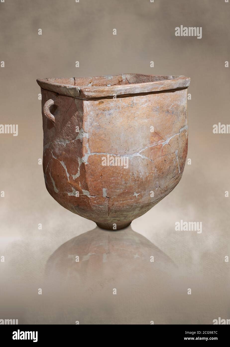 Hittite pottery container with handles from the Hittite capital Hattusa, Hittite New Kingdom 1650-1200 BC, Bogazkale archaeological Museum, Turkey. Stock Photo