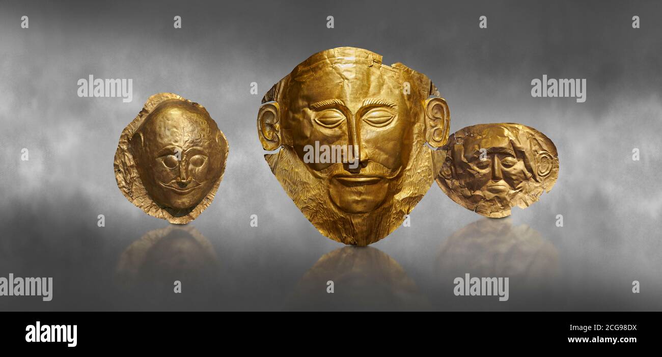 Mycenaean gold death masks from Grave Circle A, centre mask of