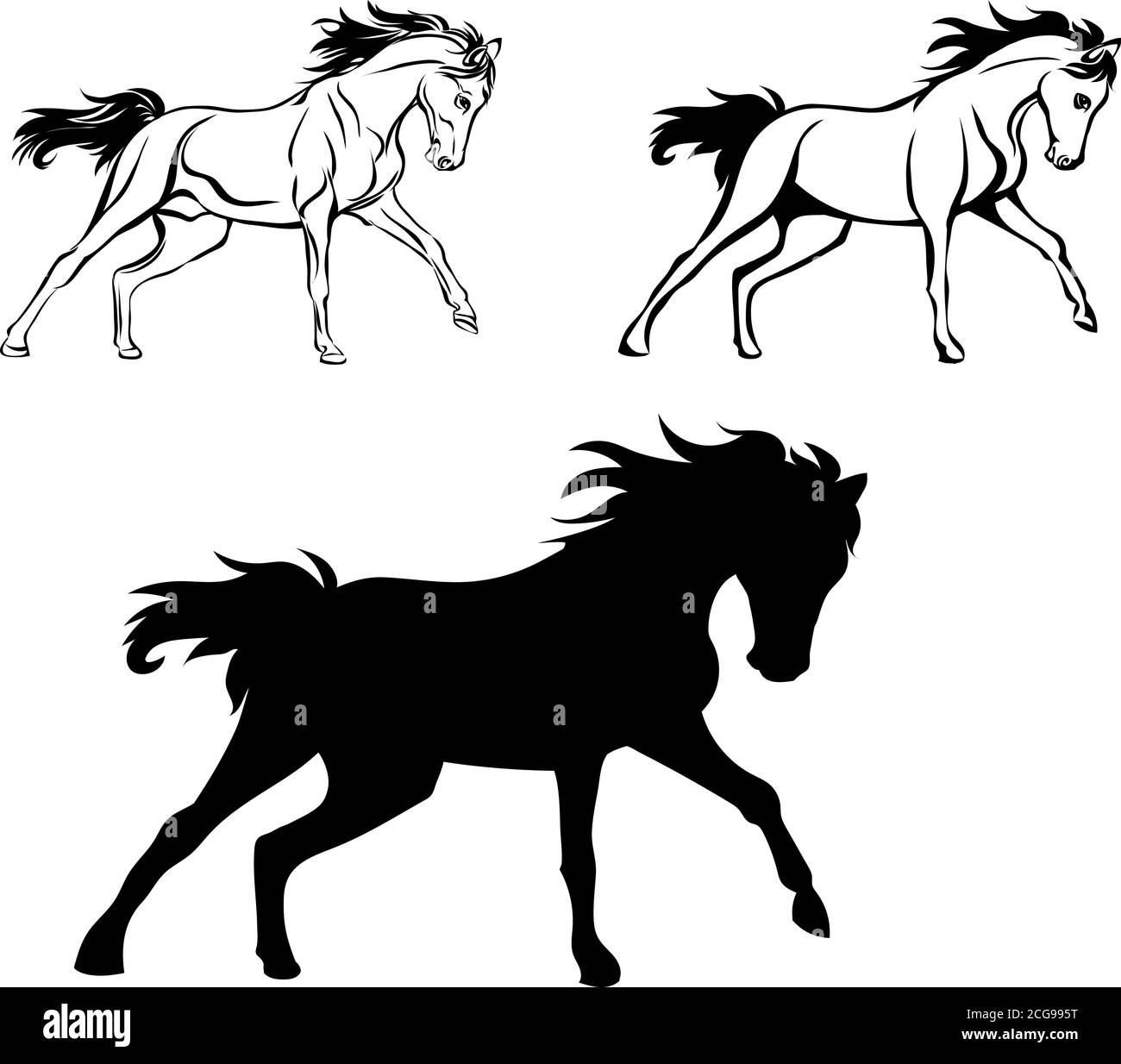 Horse, drawing, black, silhouette, symbol, illustration, image, picture, isolated, races, vector, line, gallop, head, mane, stallion, stock-raising Stock Vector